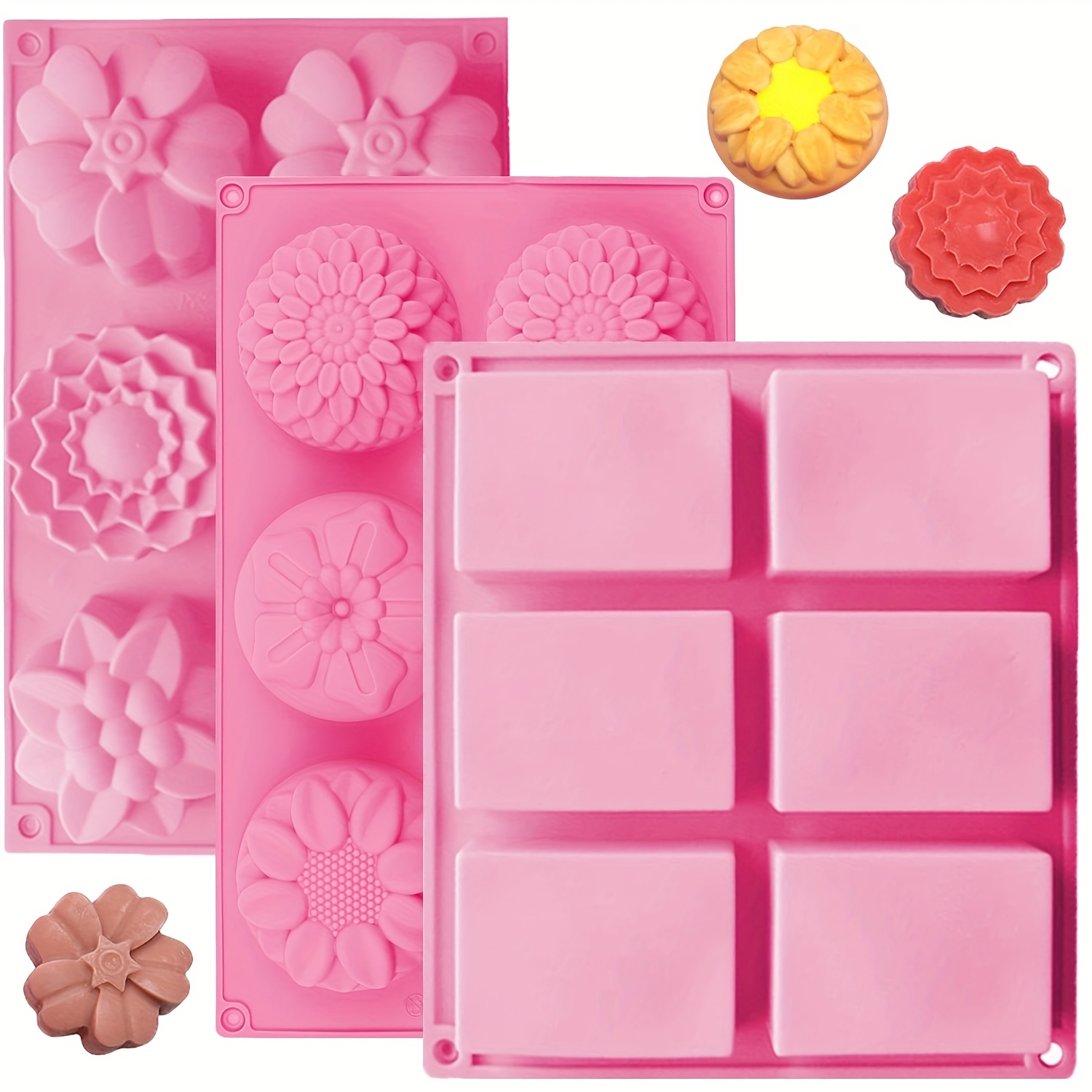 

3 Pack Silicone Soap Molds, 6 Cavities Flower Making Mold, Included Rectangle Shape Supplies, Handmade Soaps