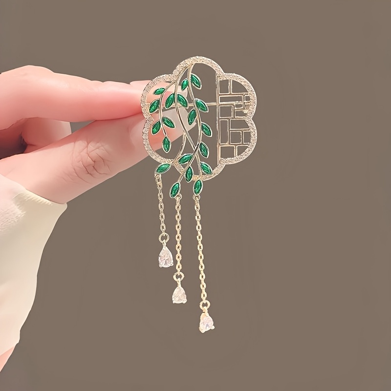 

1pc Elegant Chinese Style Leaf Tassel Brooch, Artificial Crystal, Versatile Accessory For All , Ideal For And Gifting