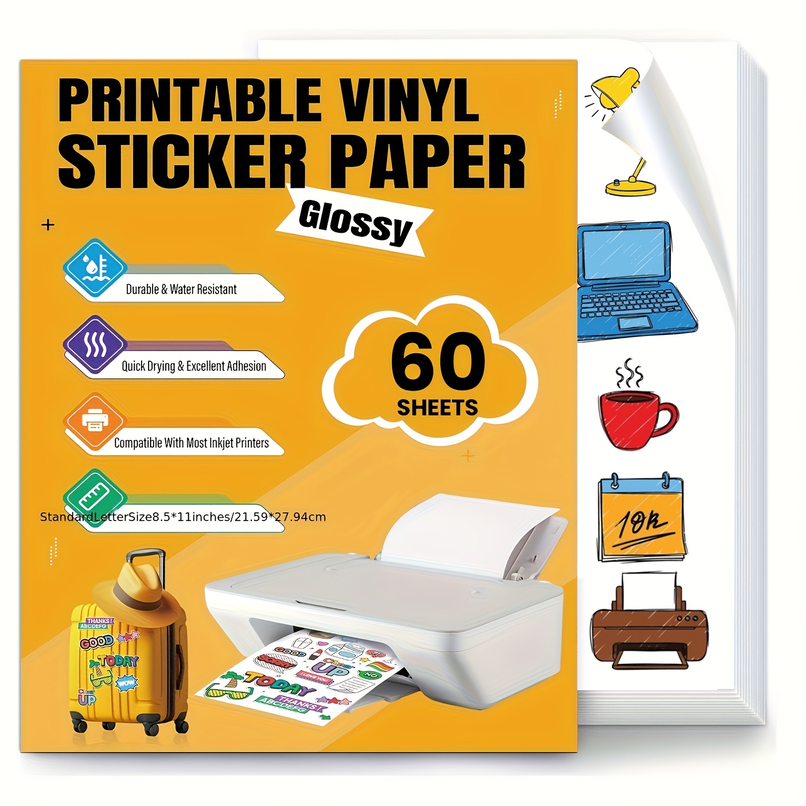 TEMU Printable Vinyl Sticker Paper -decal Paper For Inkjet Printer -60 Self-adhesive Sheets-standard Letter Size 8.5"x11"(glossy White)