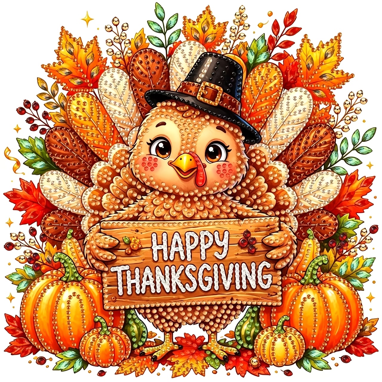 TEMU 2d Flat Design Turkey And Pumpkin Diamond Painting (11.8x11.8in), Diy 5d Special Shape Crystal Partial Inlay Mosaic , Handmade Art Gift