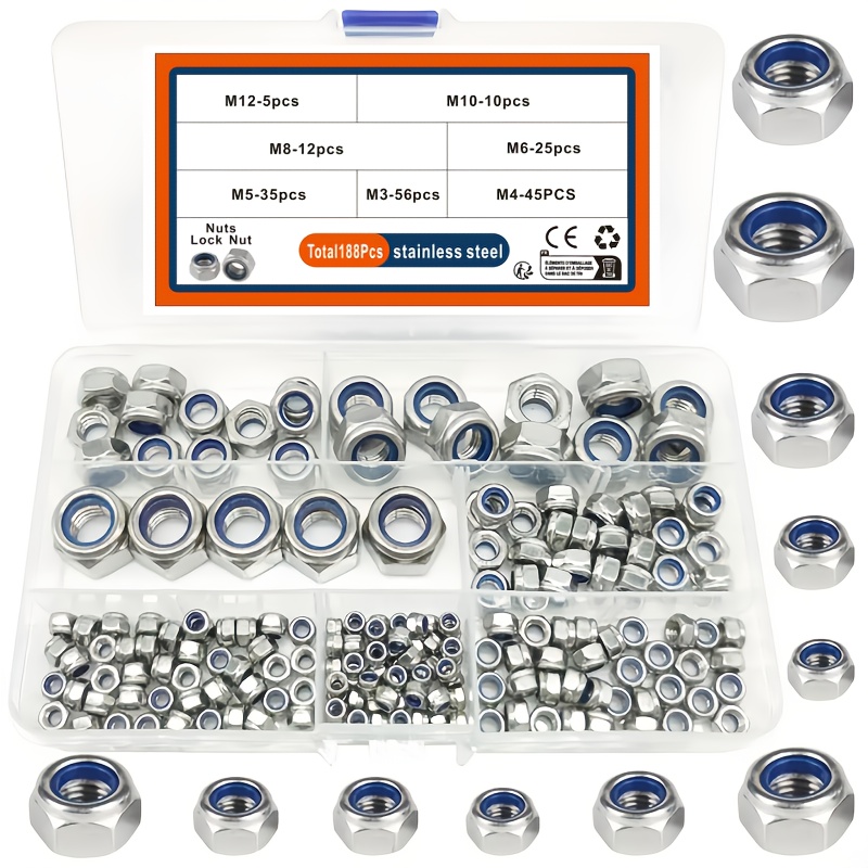 304 Stainless Steel Nylon Insert Lock Hex Nuts Set Assortment Kit Metric M2-M16