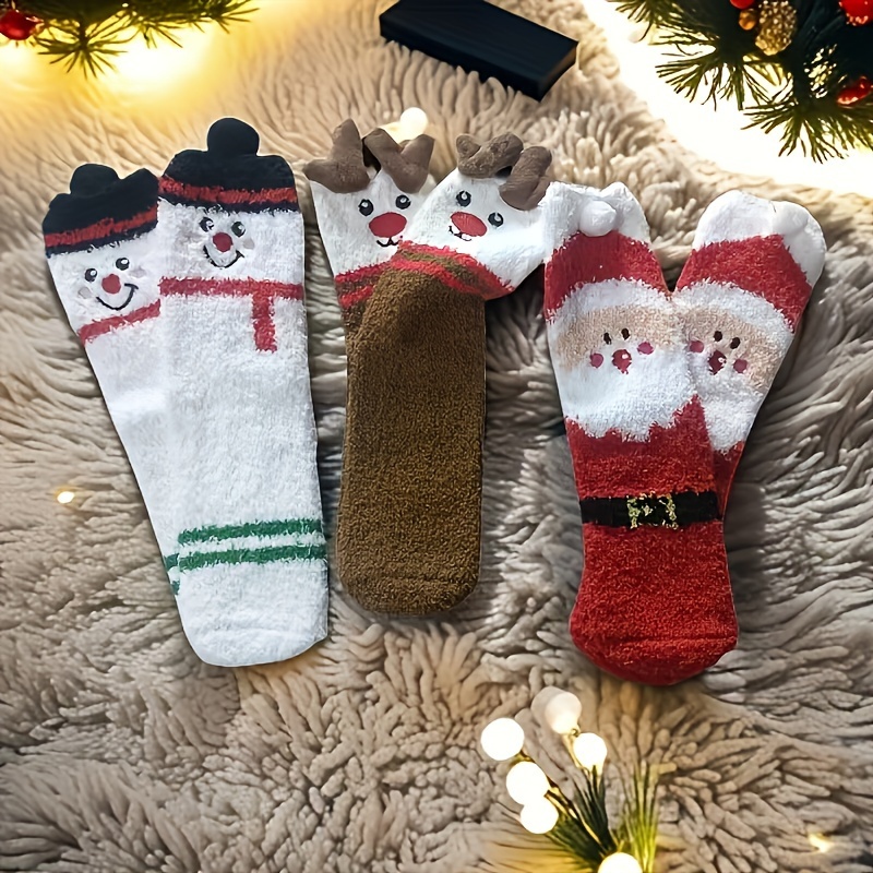 

3 Pairs Christmas Acrylic Fleece Tube Socks, Cartoon Pattern, Warm And Cozy, Hand Wash Only, Unisex Winter Gift