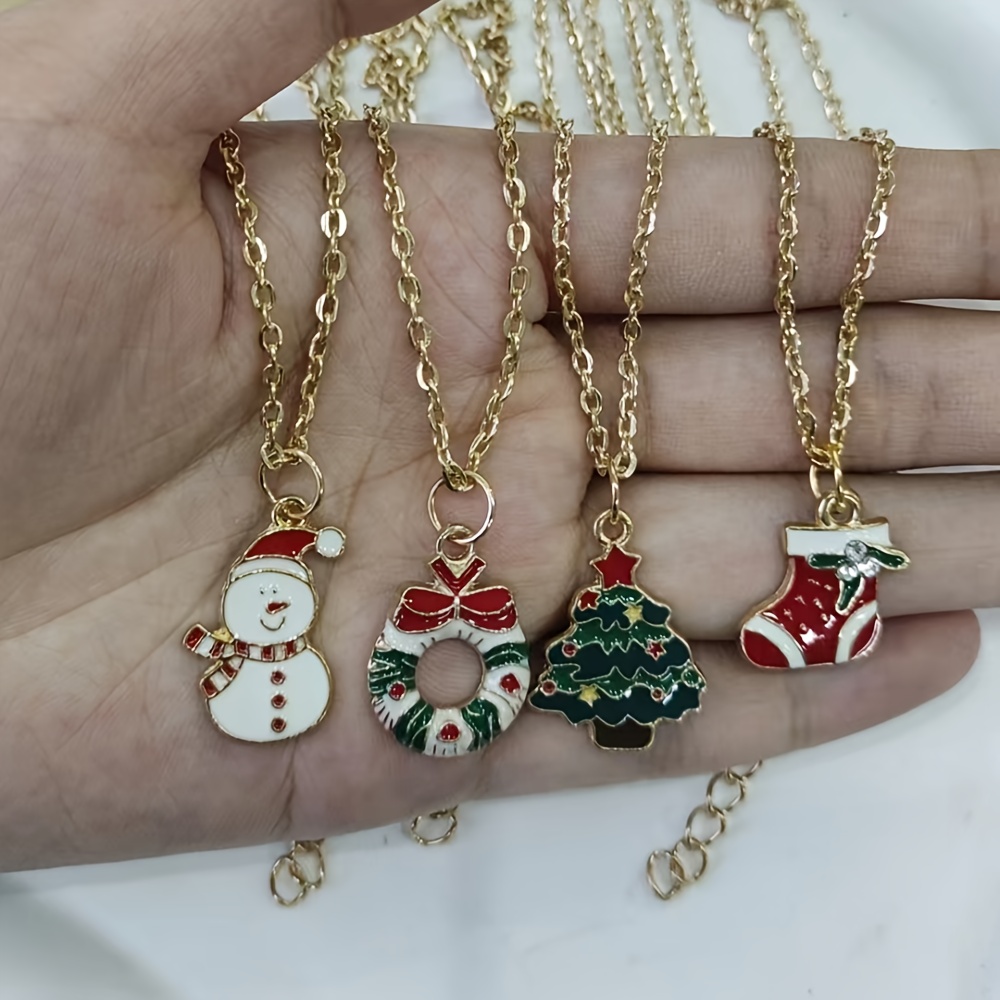 TEMU 4pcs Christmas Necklace Set Snowman Christmas Tree Christmas Stocking Pendant Necklaces, Christmas Party Necklace Gift Fashion Accessory Men