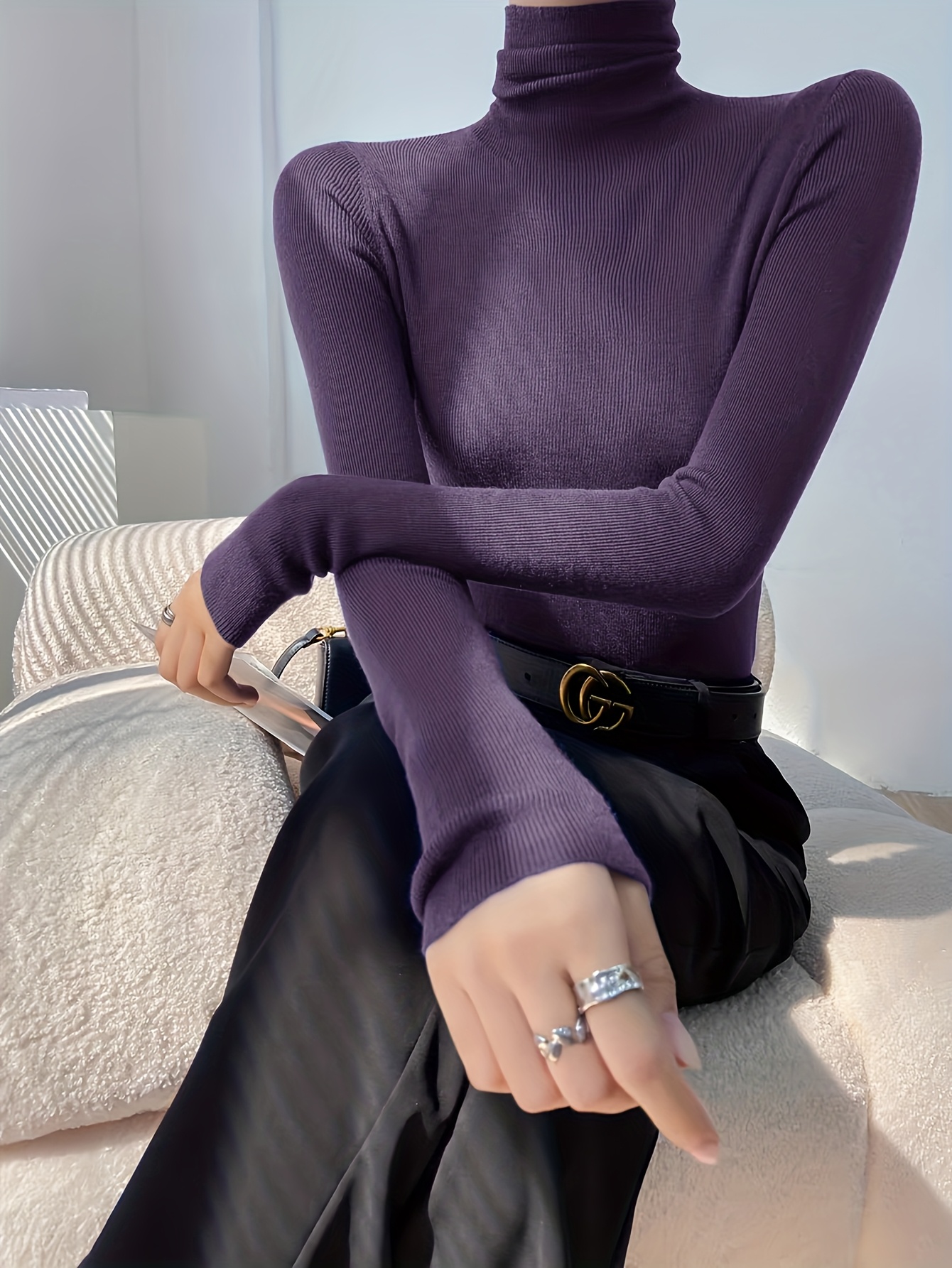 womens elegant high neck sweater long sleeve fit Temu Canada