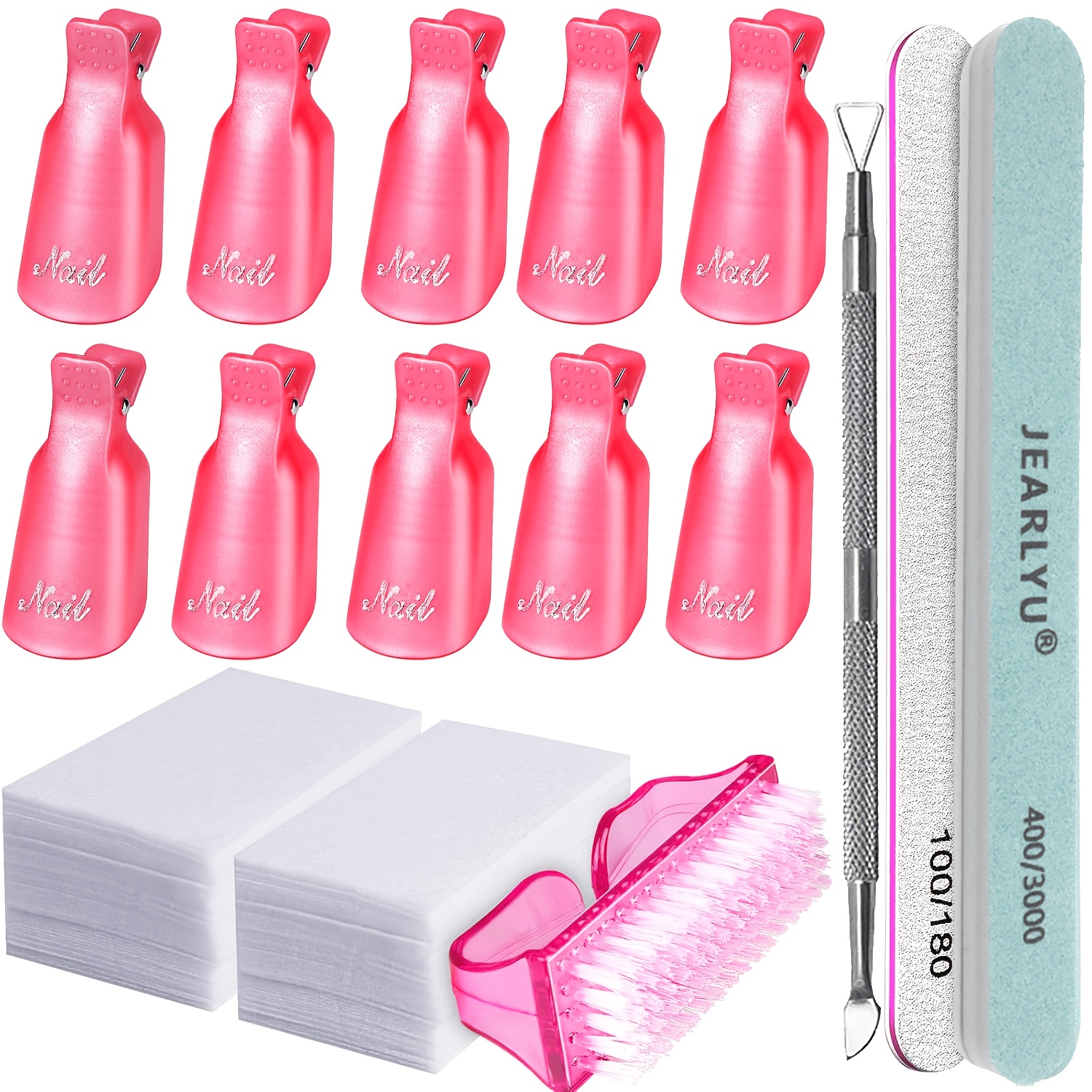 TEMU Gel Nail Polish Remover Kit With 10pcs Nail Polish Remover Clips 100pcs Nail Wipe Pads Nail Scraper Nail Files And Buffer Bushes