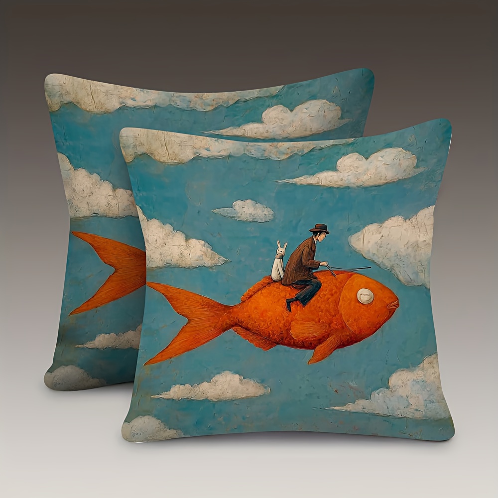 TEMU 2pcs, Double Sided Soft, Throw Pillow Cover 18x18inch, Featuring A Man On The Back Of An Orange Fish, Ideal For Sofas, Living Rooms, And
