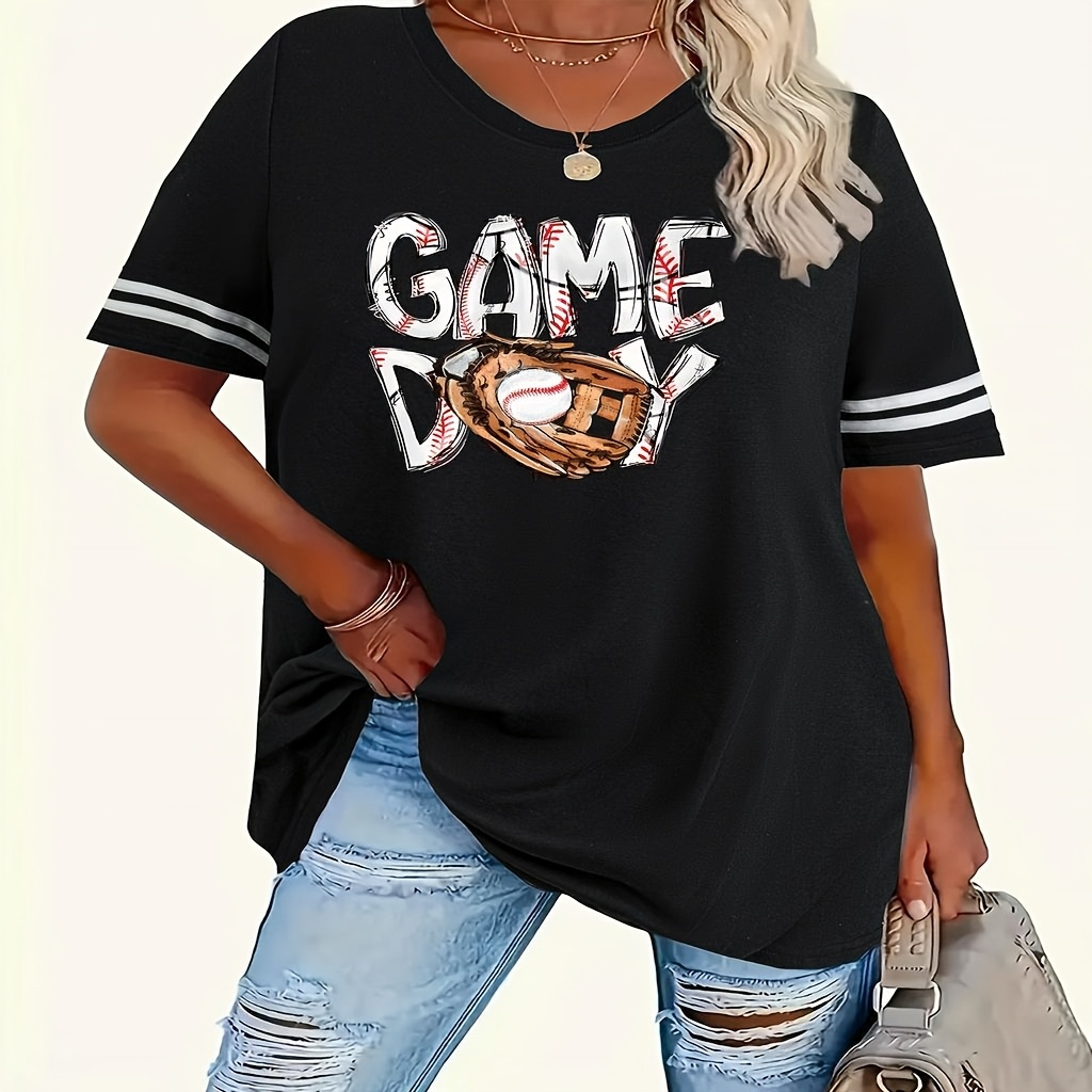 

Women's Plus Size Casual T-shirt - "" Baseball Graphic, Short Sleeve, Round Neck, Striped Detail, Polyester , Machine Washable, Black, Sizes 1-8xl, Plus Size Tee Shirts