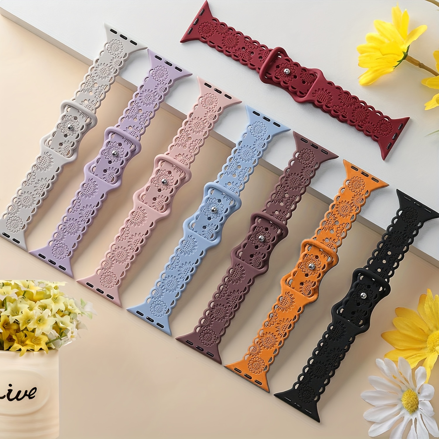 

Floral Silicone Smartwatch Band With Laser-carved Sunflower Design And Butterfly Clasp - Compatible With Watch Series 1-9, Se, Ultra - Fashion Accessory Essentials