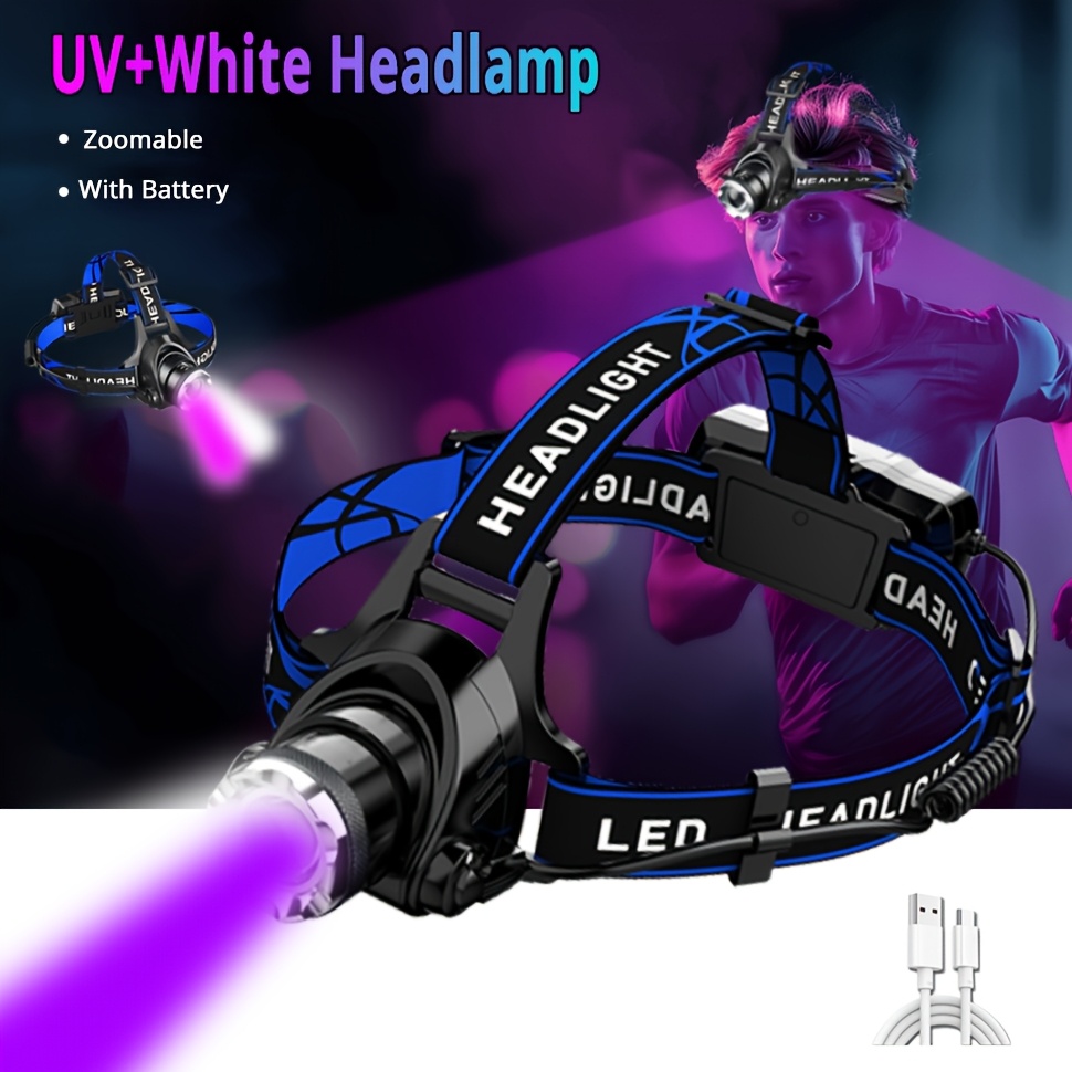 1pc black light white light variable   headlamp uv usb rechargeable head mounted flashlight portable bright   white light lighting mode hands free torch fishing light fluorescent detection to capture   headlamps