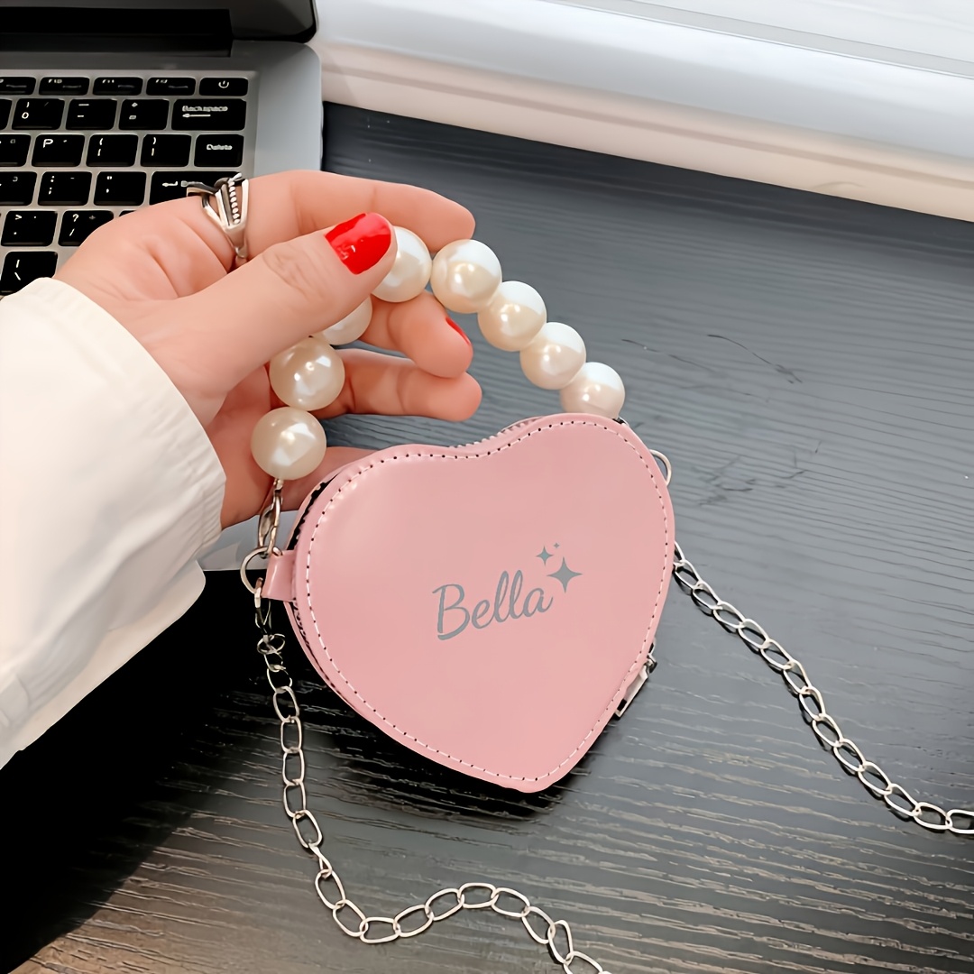 TEMU 1pc Custom Heart-shaped Pearl Decor Pu Bag - Mini Crossbody/shoulder Wallet, Personalized Name Engraving, Suitable For , Lipstick, Earphones And