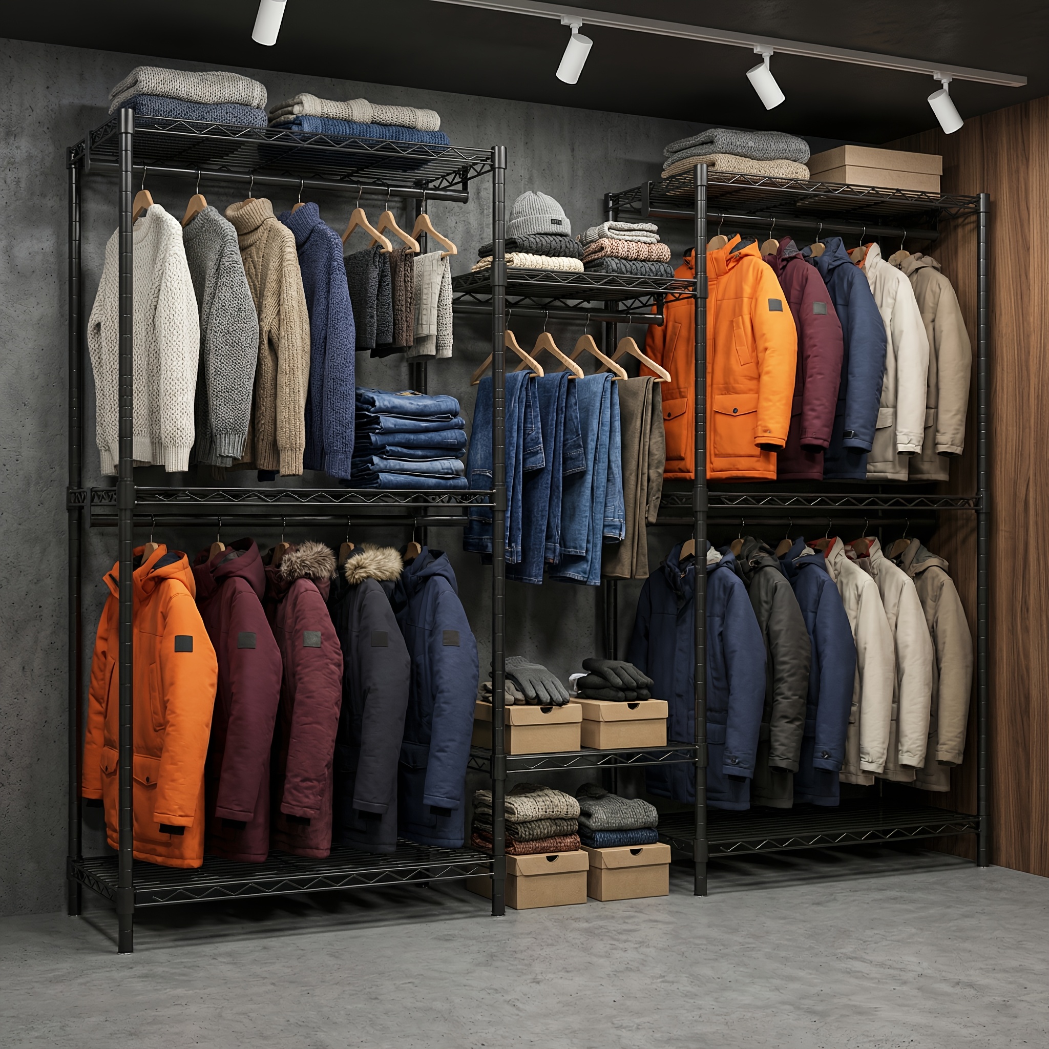 TEMU Grand Portant à Vêtements Robuste 900LBS - Portant à Vêtements à 3 Niveaux en Acier au Carbone avec 5 et 8 Étagères, Garde-Robe Portable et