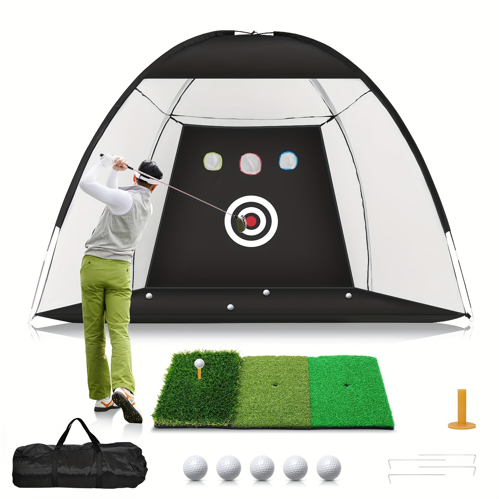 

10x7ft Deluxe Golf Practice Net Set - Backyard Driving And Chipping Solution With Simulated Turf, Impact Target, 5 Golf Balls, Golf Tees, Rubber Tees, Carry Bag, And More!- Gift For Men/