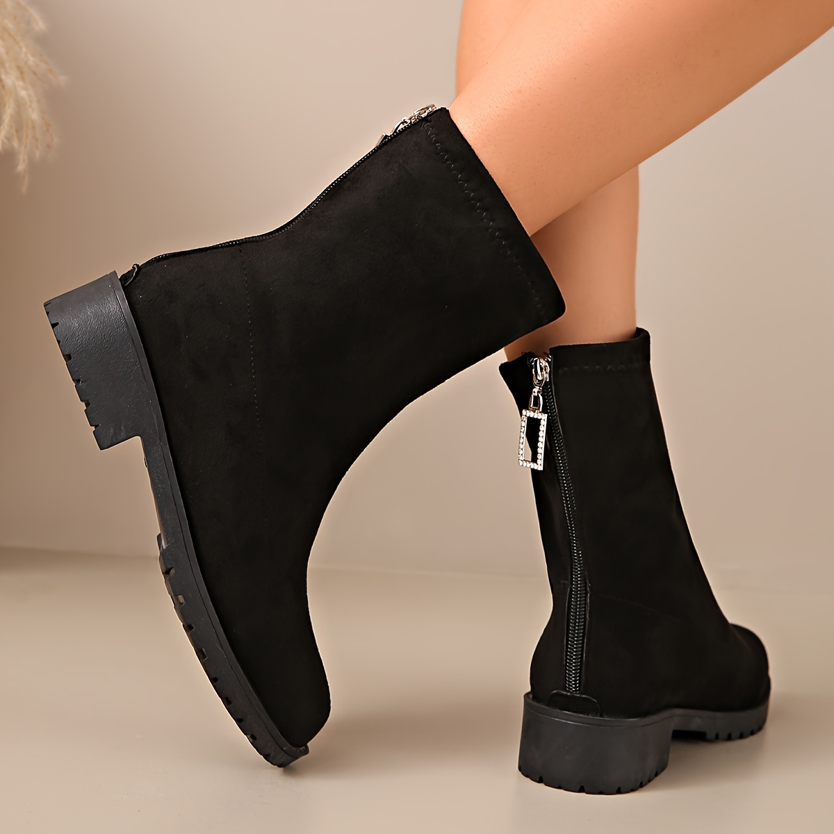 TEMU Autumn Winter Women's Plus Size Chelsea Boots, Wide Toe, Loose Style Short Boots And Boots, Wear, Back Zipper With Rhinestone Embellishment,