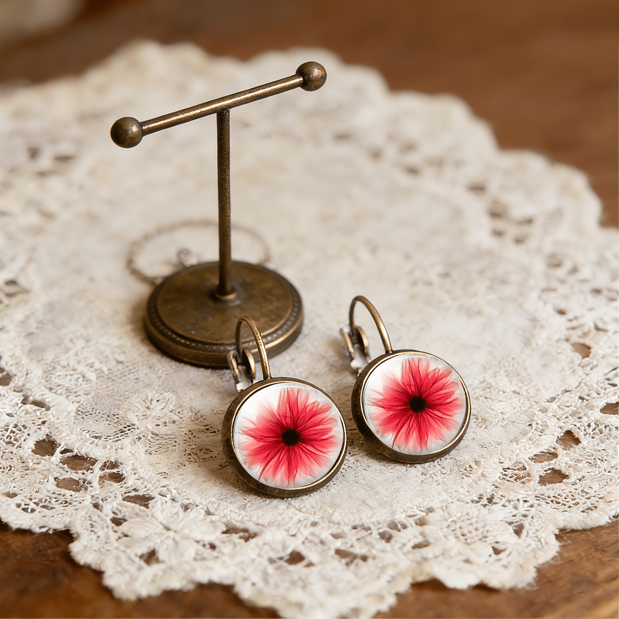 Cyan Round Classical Earrings with Red Petals Design