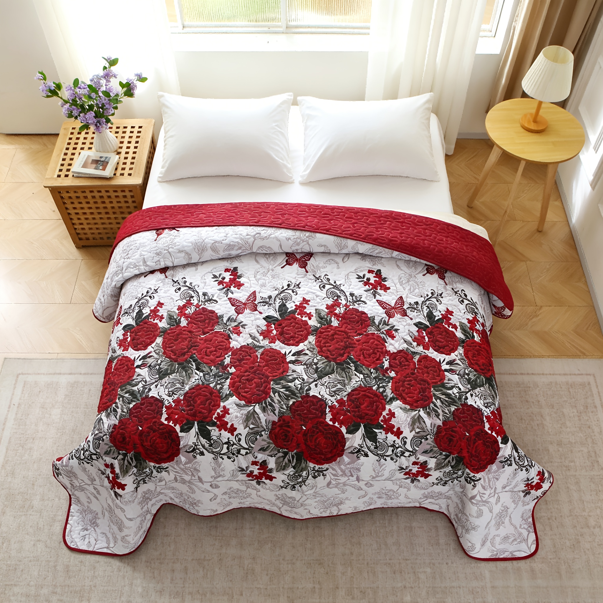 Rose Printed Quilted Microfiber Bedspread, Ultra Soft Reversible Coverlet, All-year Lightweight Thin Comforter, Stylish Decorative Bedding Cover Without Pillowcase For Bedroom