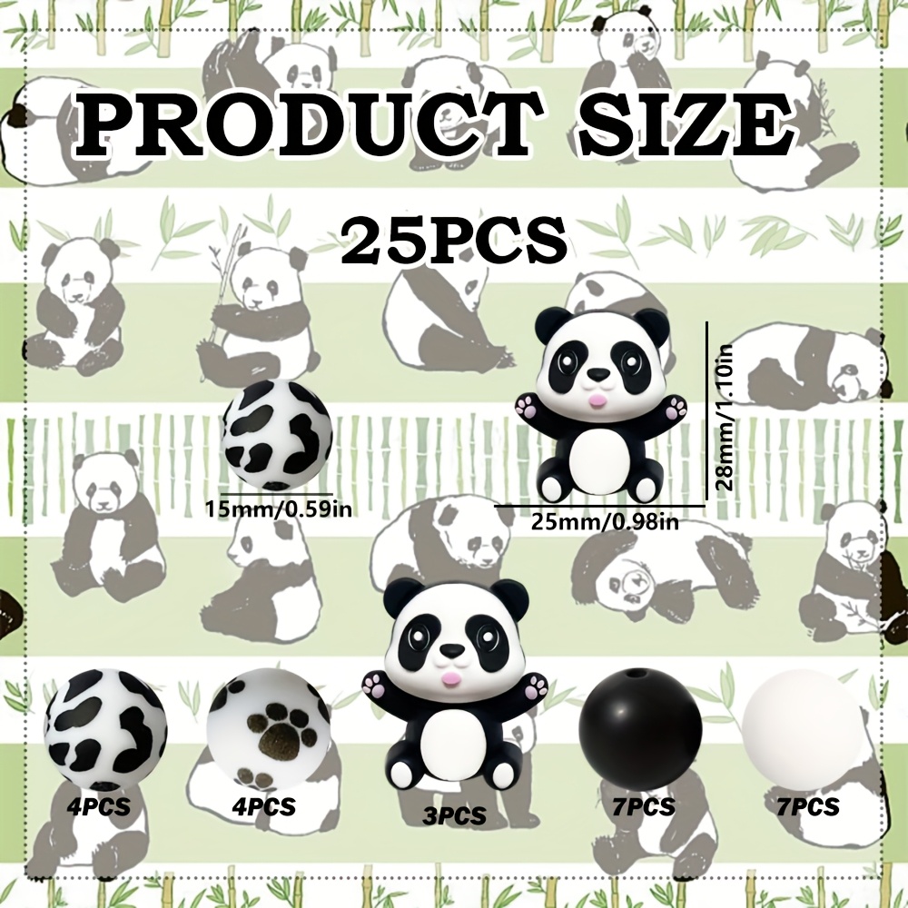 TEMU Set da 25 perline in a forma di panda con di e accenti rosa - Perline animali bianche e nere per braccialetti e collane fai da te, design per