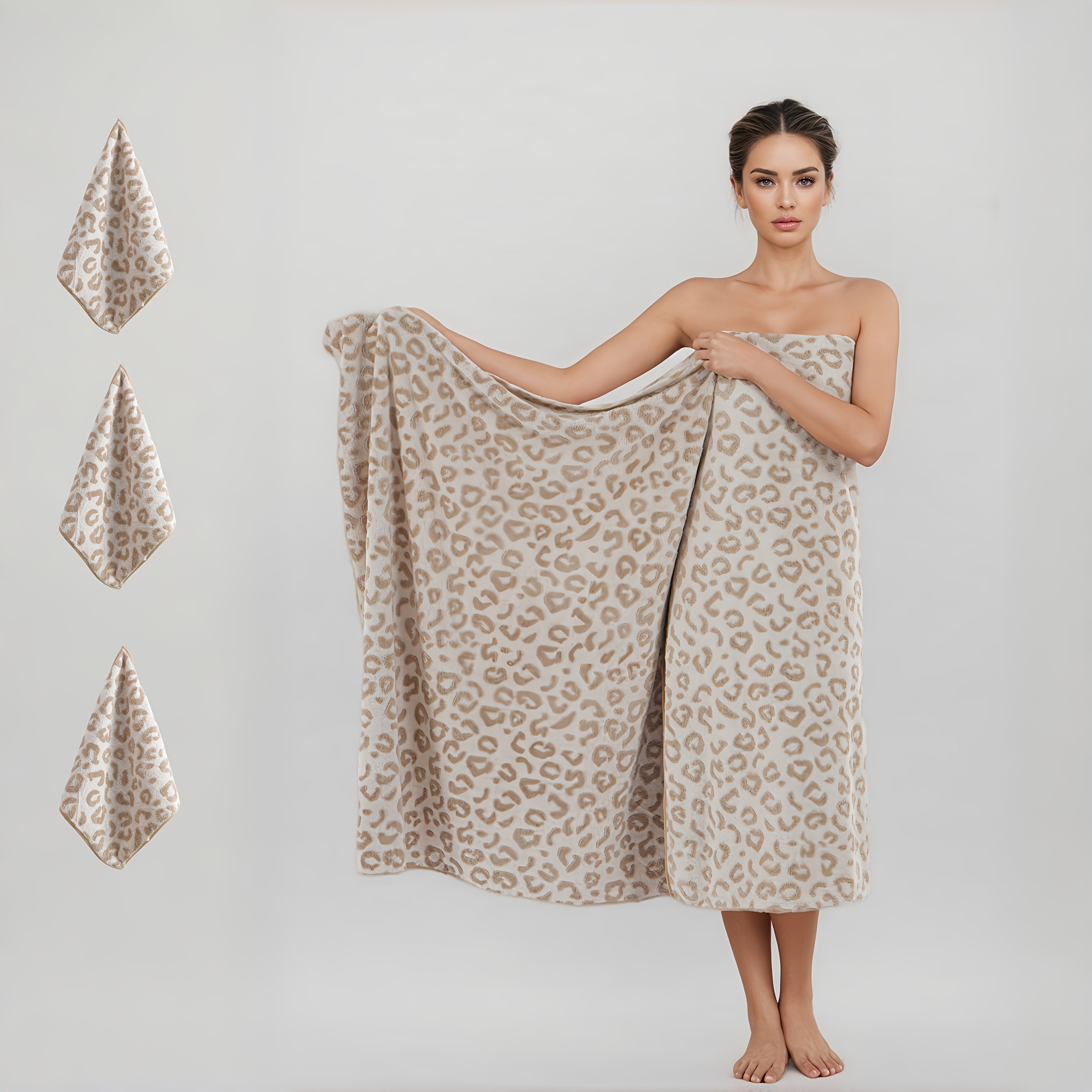 Image of 4pcs Oversized Leopard Print Bath Towel Set, Full Body Wrap, Hand Towel, And Hair Towel - 1 Towel 200x105cm + Towels 35x35cm, Quick-drying, , Durable - Suitable For Home, Beach, Outdoor Use -