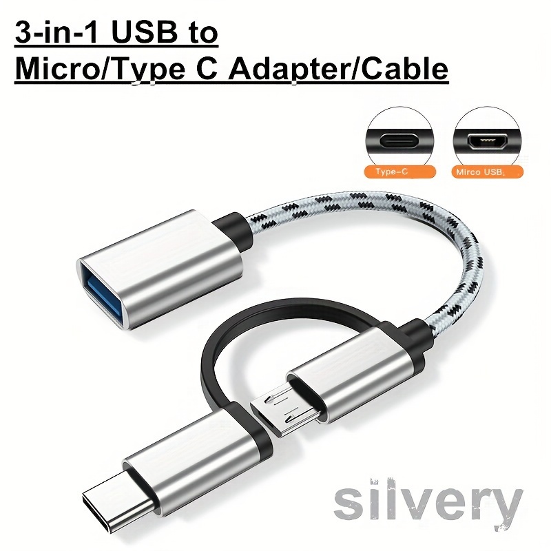 3-In-1 USB OTG Cable, USB to USB C Adapter, USB to Micro USB Adapter, Compatible with Android Devices, Macbook Pro, Samsung, And More (Silver Color)