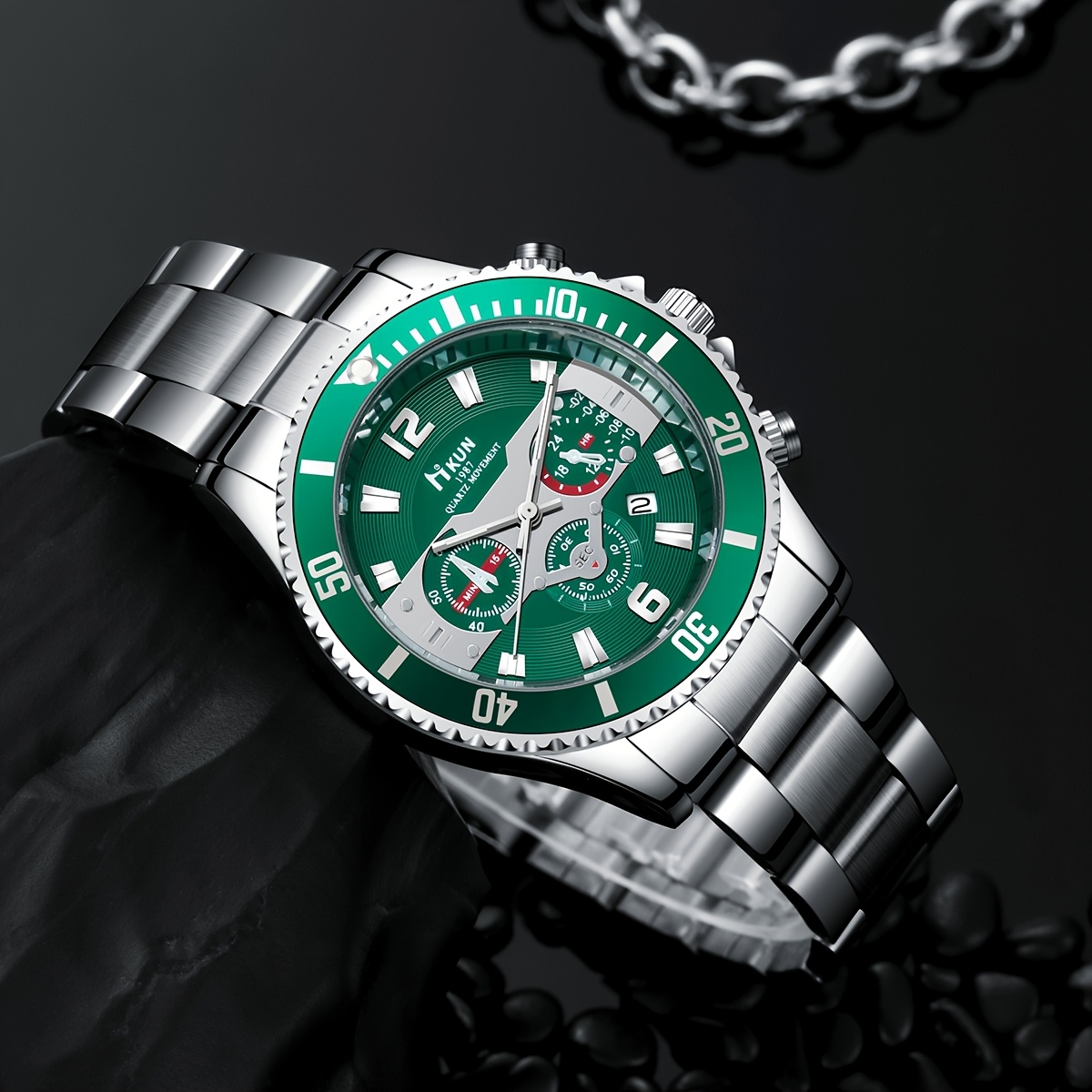 4pcs Men's Set with Quartz Watch, Bracelet, Necklace & Ring