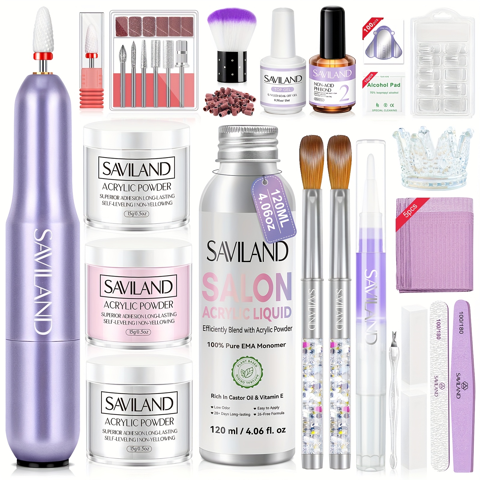 SAVILAND Advanced X-Strength Acrylic Nail Kit with Nail Tips: 3 Colors Acrylic Powder Liquid Set 100pcs Clear Nail Tips Acrylic Set for Nail Extension Carving DIY Nail Art