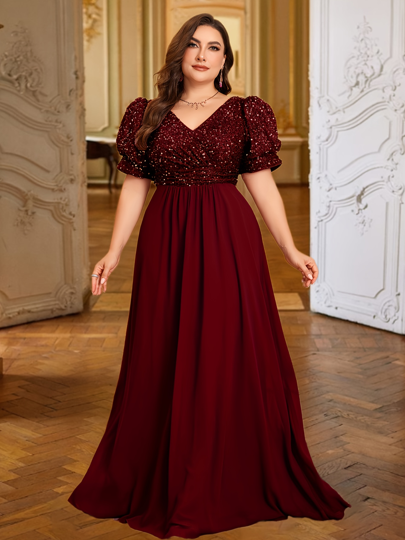 elegant plus size deep v neck sequin spliced evening gown - Temu