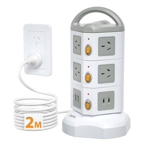 14 in 1 and protector features 10 ac outlets and 4 usb ports including 2 fast usb c with a 2m integrated extension cord space saving vertical charging hub usb hub and outlet expander for home office desks