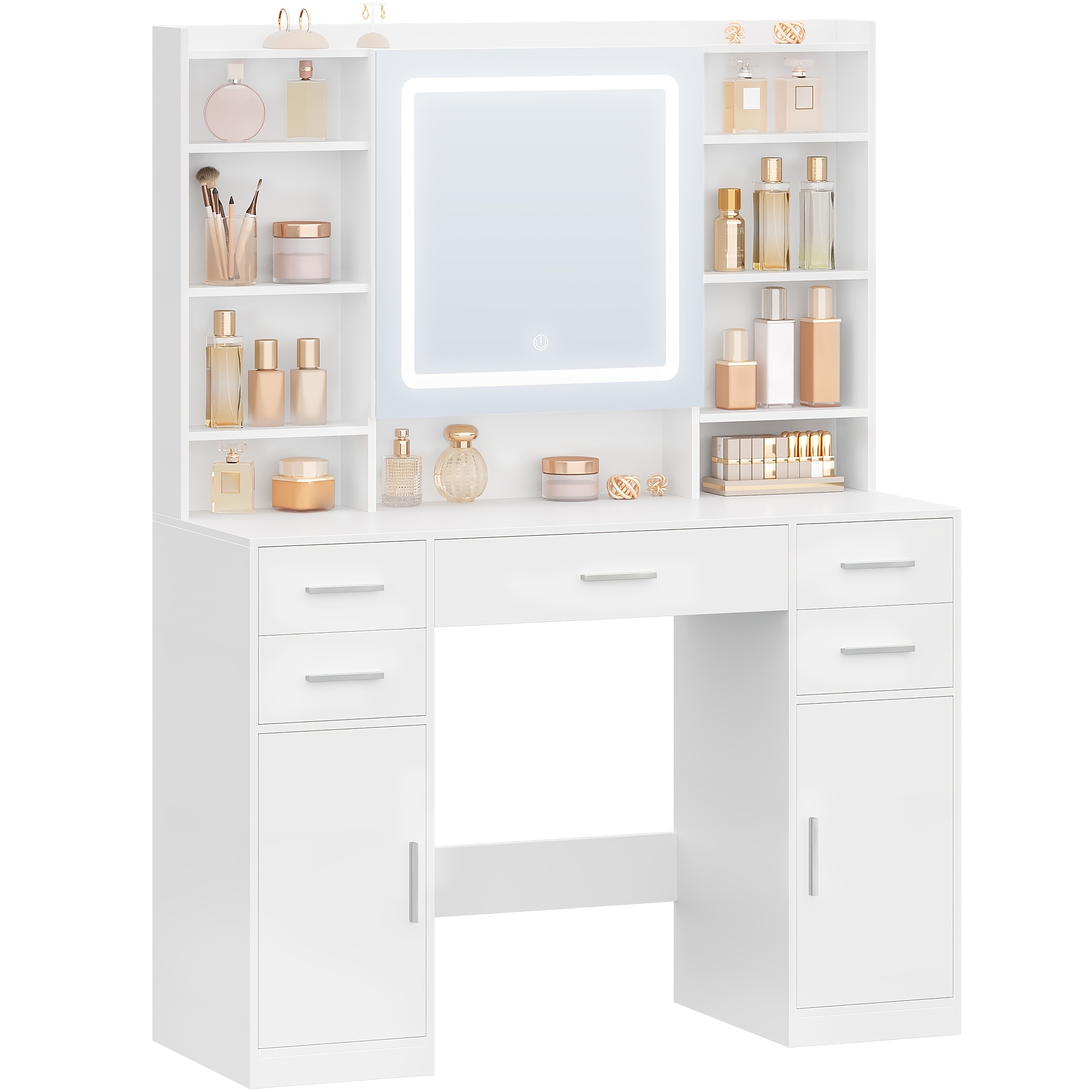 Dressing Table Featuring A Mirror, Equipped With 5 Drawers, 2 Drawers, And 9 Open Compartments, Along With Concealed Shelves, In A White End