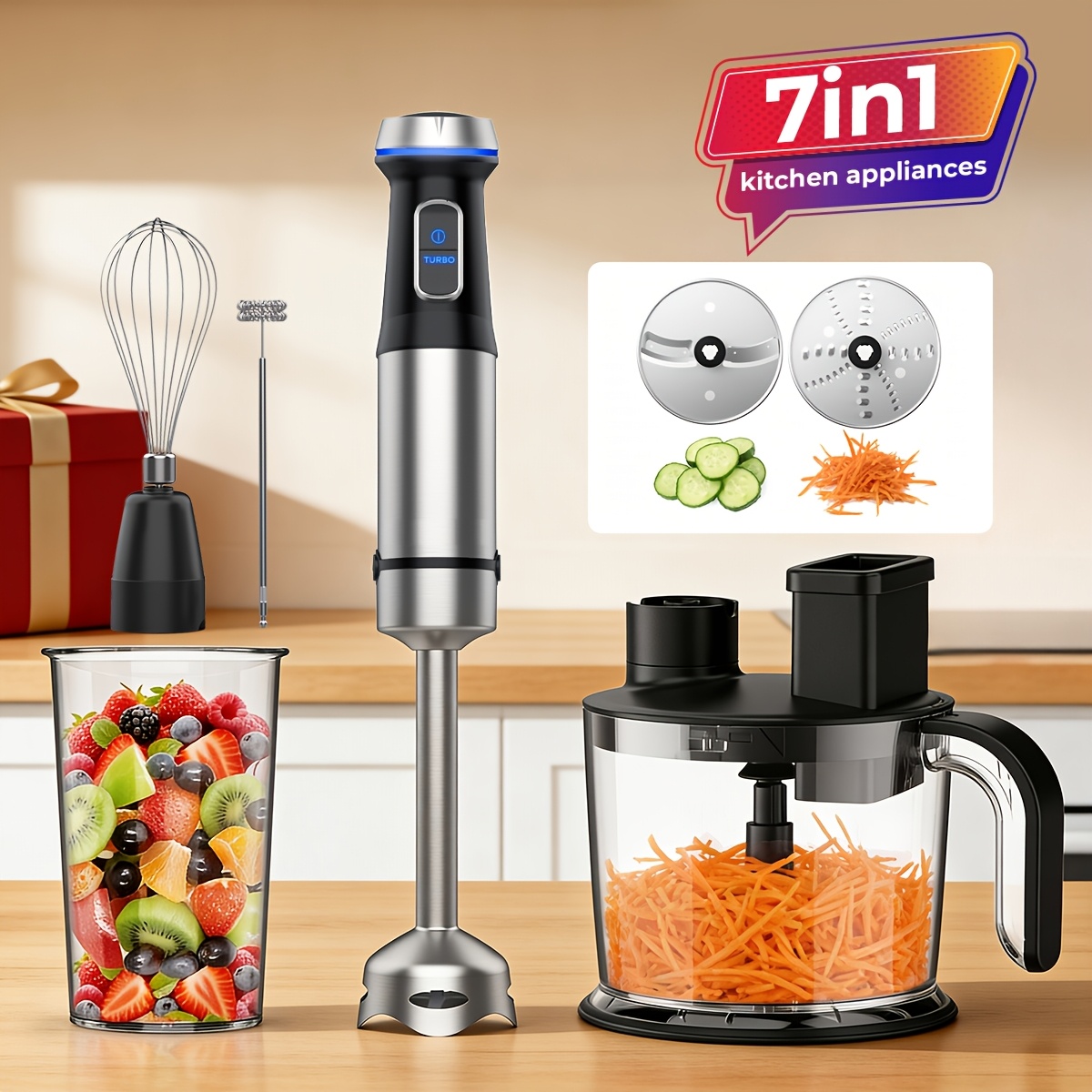 TEMU Ganiza Portable Blender, 7-in-1 Handheld Mixer, 15 Adjustable And Turbo Functions, Stainless Steel Stick Blender With 1500ml Food Processor And 6 Additions, Meat Grinder, Holiday Gifts