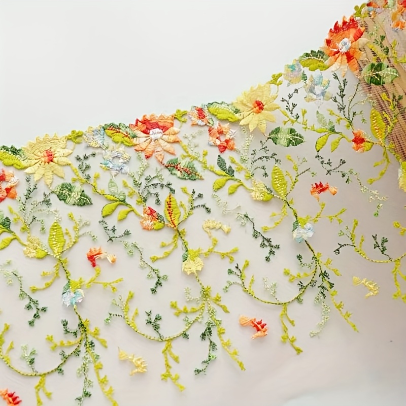 TEMU 1 Yard Lebendig Oranges Blumenbesticktes Spitzenband - Polyester, Mehrfarbiges Blumen- & Blätterdesign für Basteln, Nähen von Dekorationen,