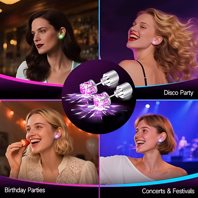 a pair of led light up stud earrings suitable for birthday parties music festivals halloween christmas carnivals parties and celebrations bright and stylish copper material battery included Product details 0
