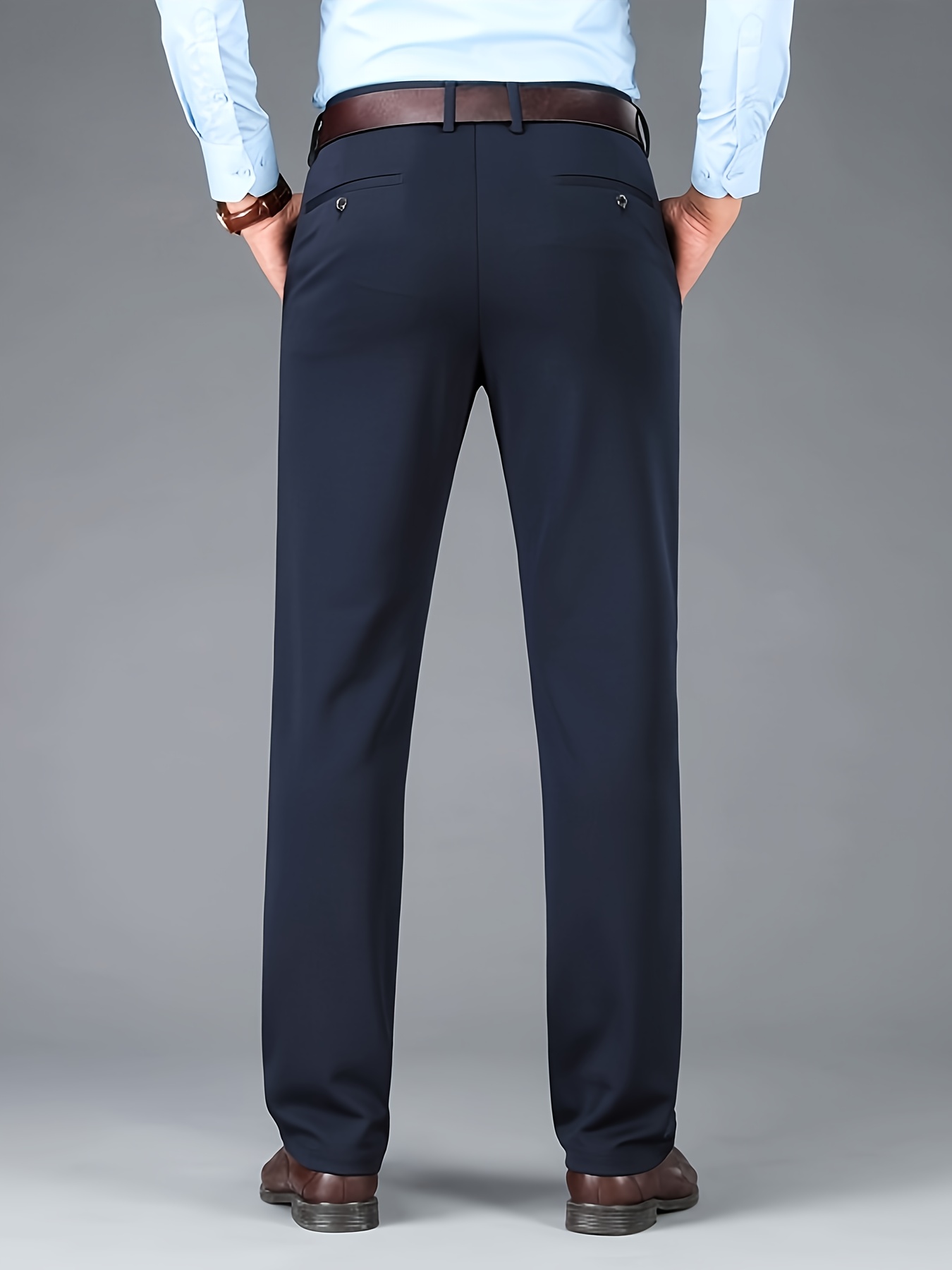 Men'S Relaxed Fit, Navy Blue Dress Pants - Stretchy Spandex Blend, Button-Fly, Mid-Rise, All-Season Workwear, Office Attire|Relaxed Fit Pants|Stylish Waistband