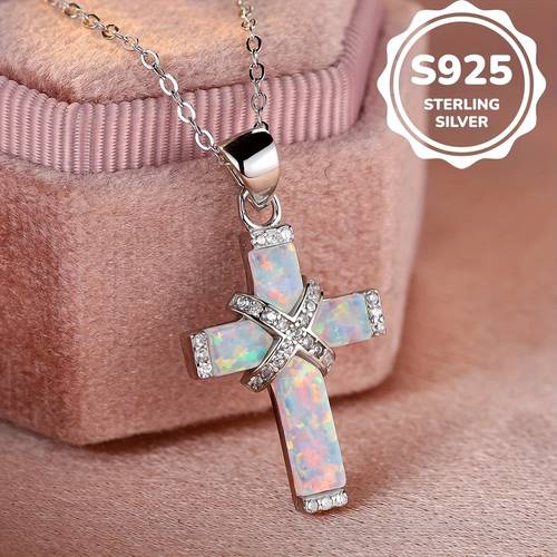 elegant 925 sterling silver cross necklace with white synthetic opal hypoallergenic retro bohemian gift for for christmas and birthdays