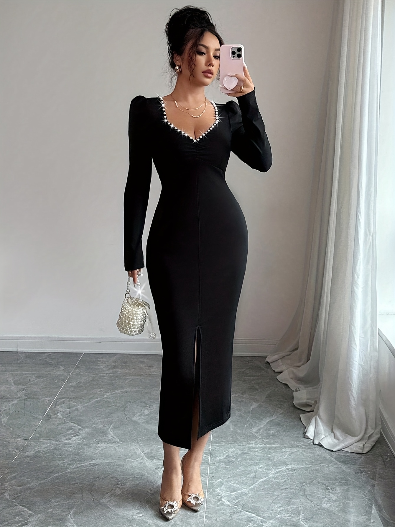 womens elegant v neck long sleeve formal evening gown - Temu Oman