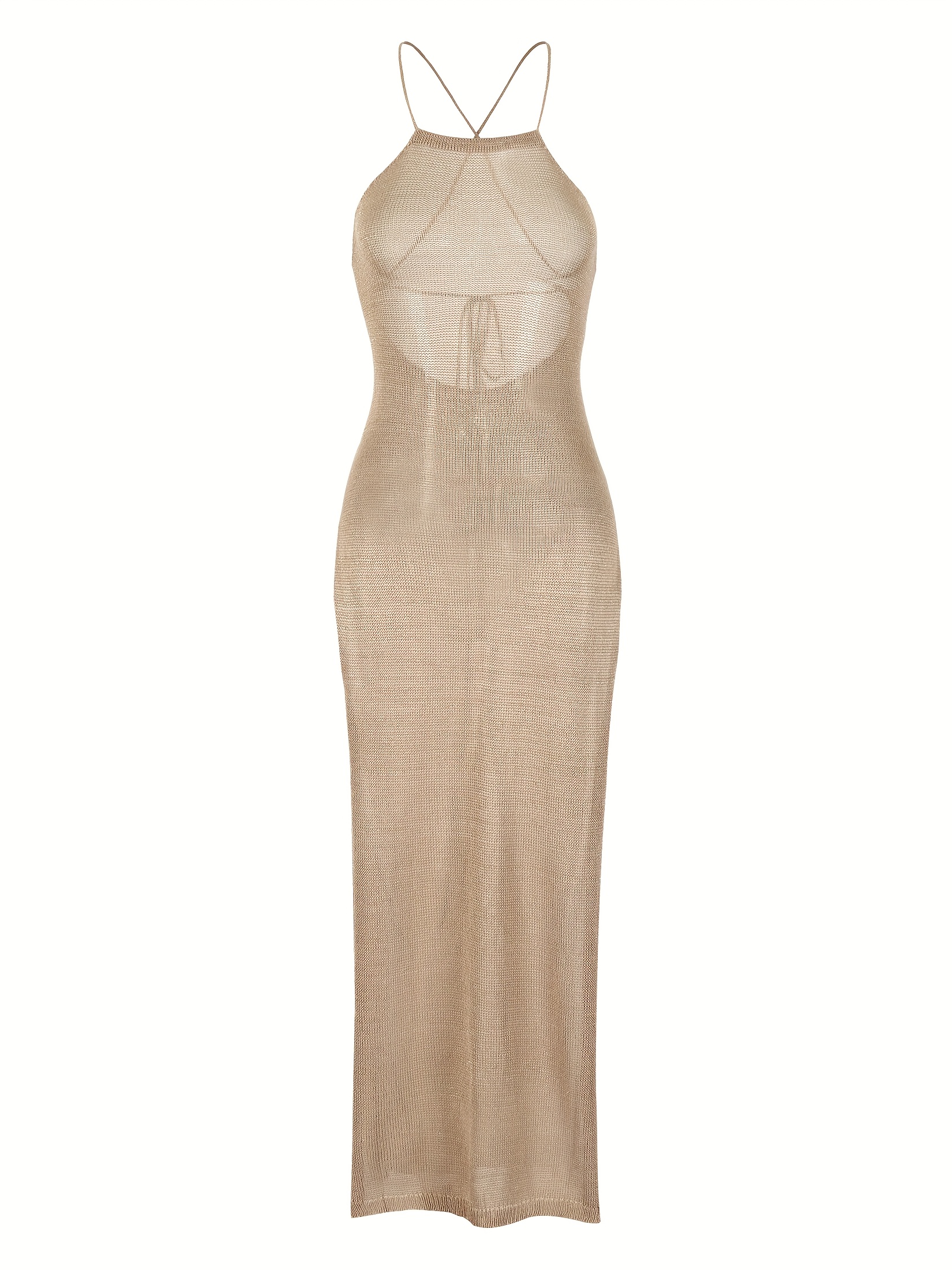 knee length dresses for ladies Split Thigh Lace Up Backless Ruched Satin Dress, Cream / Xs main image 0