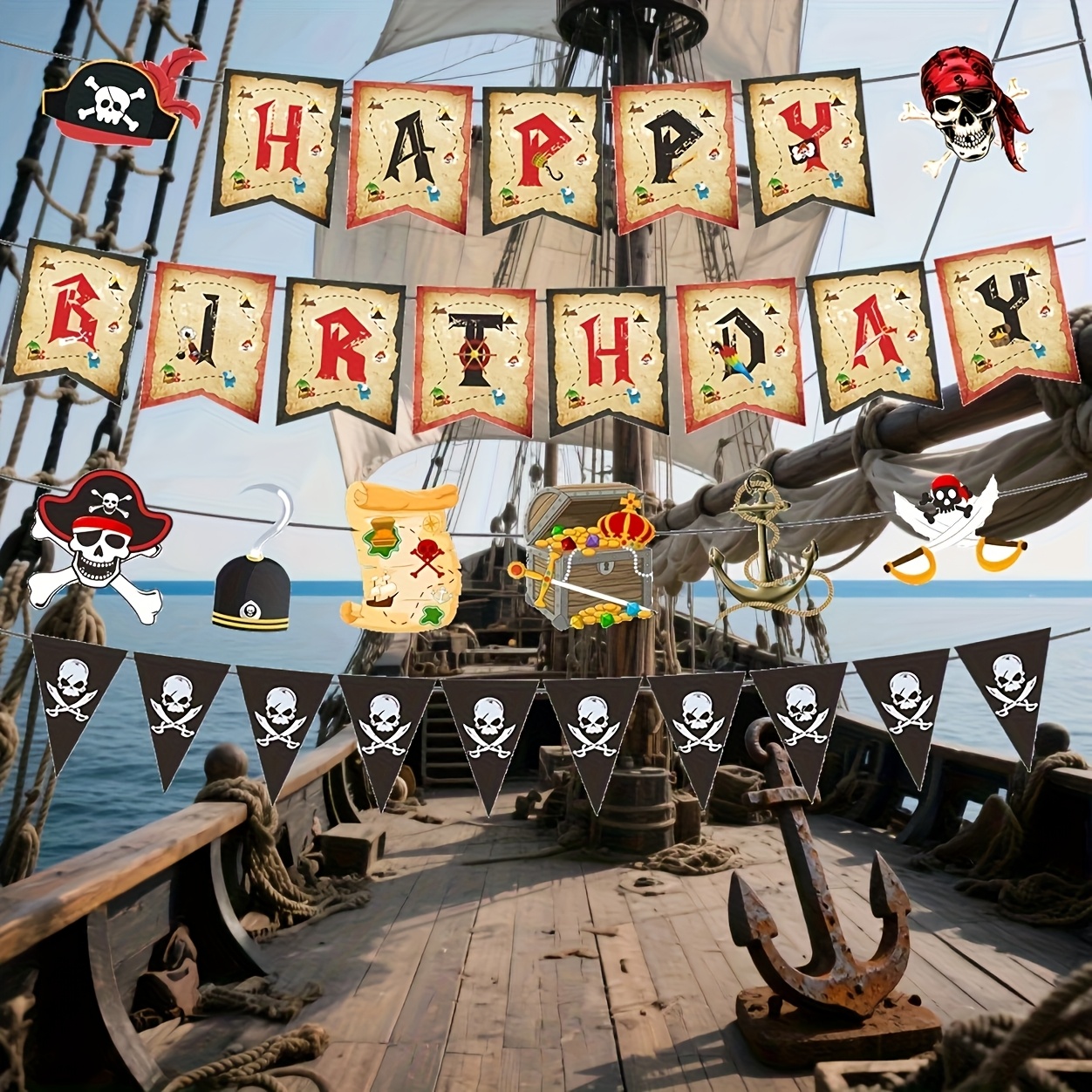 Image of Pirate-themed Birthday Party Decorations - "happy Birthday" Banner With & , Pirate Flags, And Treasure Chests - Ideal For Indoor Celebrations, Pirate Party Decorations