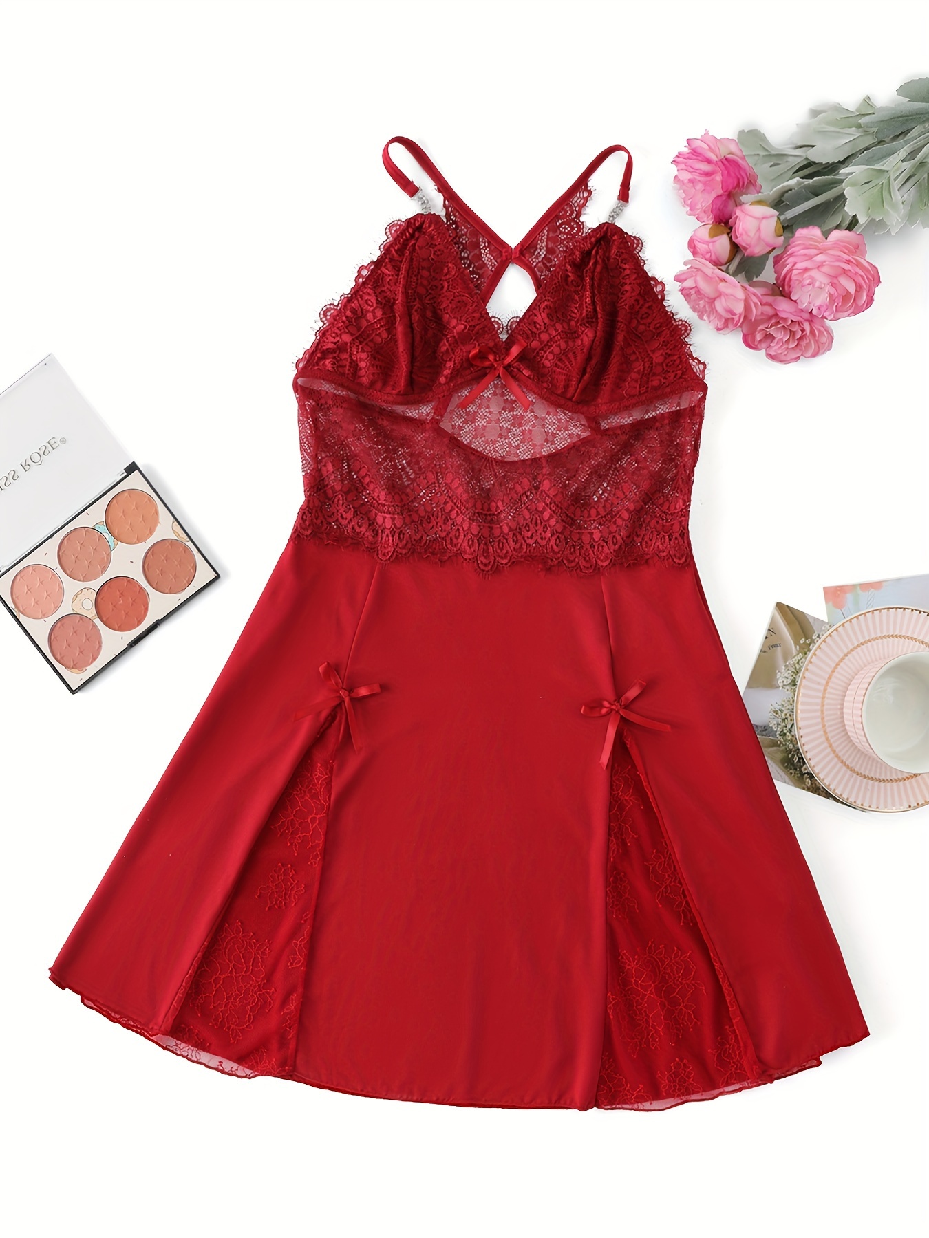 Seductive Lace Stitching Slip Dress, Hollow Out Strappy Babydoll, Women's  Sexy Lingerie & Underwear