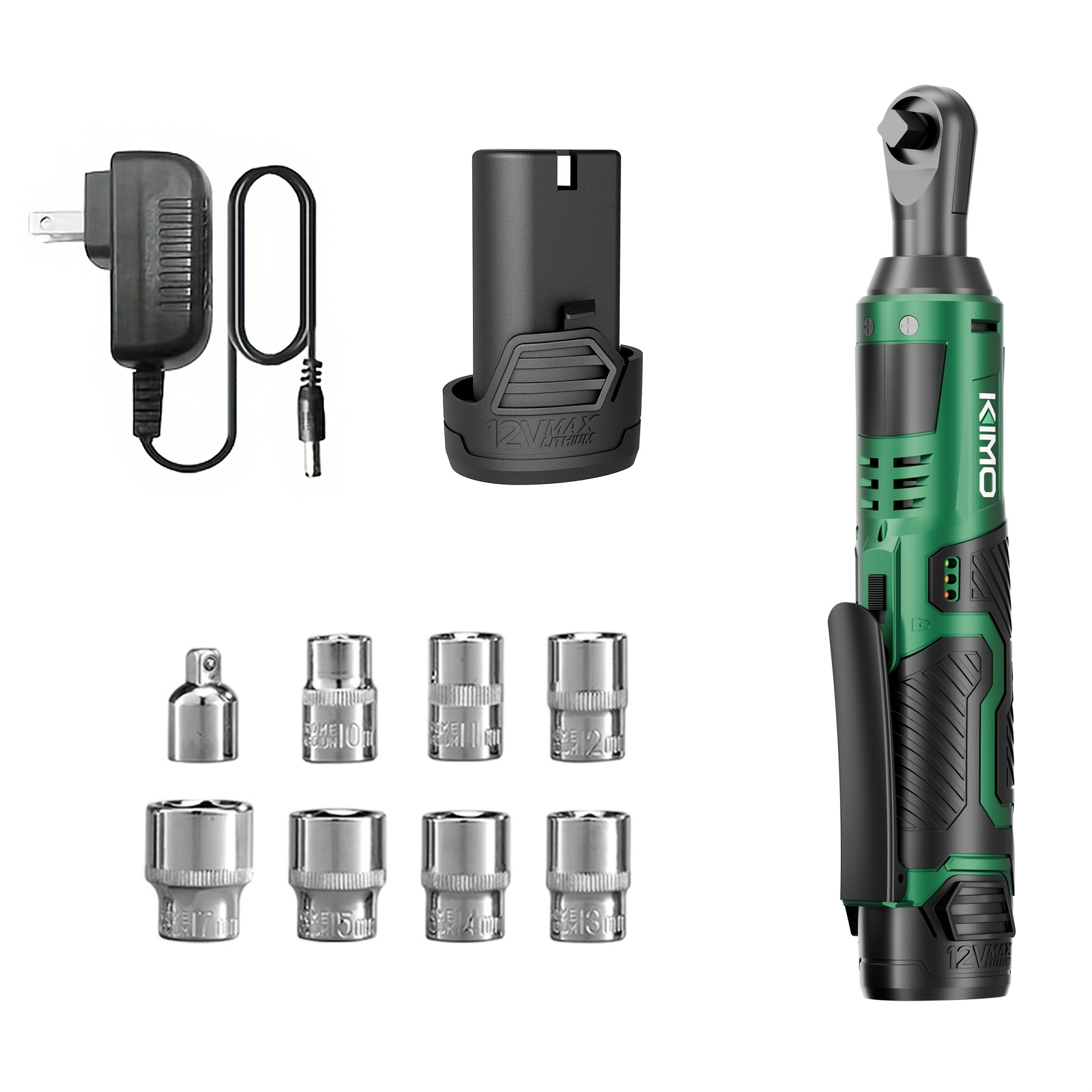 KIMO Electric Ratchet Wrench, Cordless Ratchet Wrench Set, 3/8 Inch 12V Power Tool, 40ft Lbs Torque, 400 RPM, Fast Charger, 2.0Ah Lithium Ion Battery, 8 Sockets Included, Variable Speed Trigger, Fathers Day Gift for Men, DIY, Automotive, Mechanics
