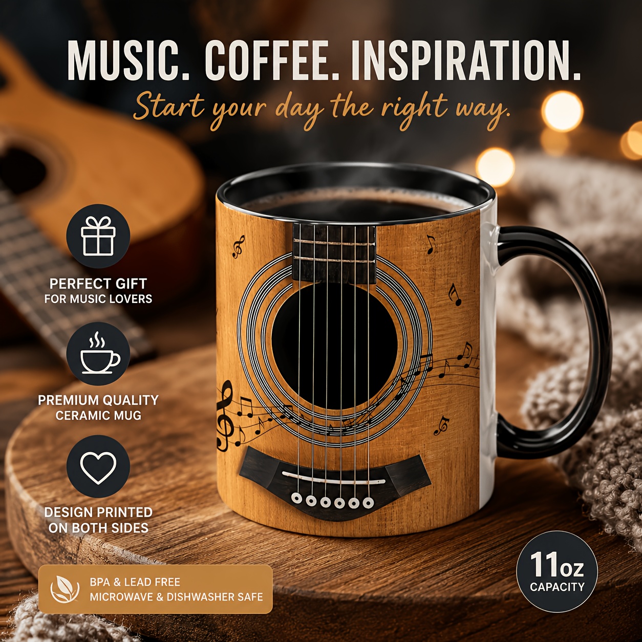 TEMU Guitar-themed Ceramic Cup Coffee Mug, , High Quality Coffee Mug, Durable Drinking Utensils For Hot And Cold Drinks- Perfect For Music Lovers,