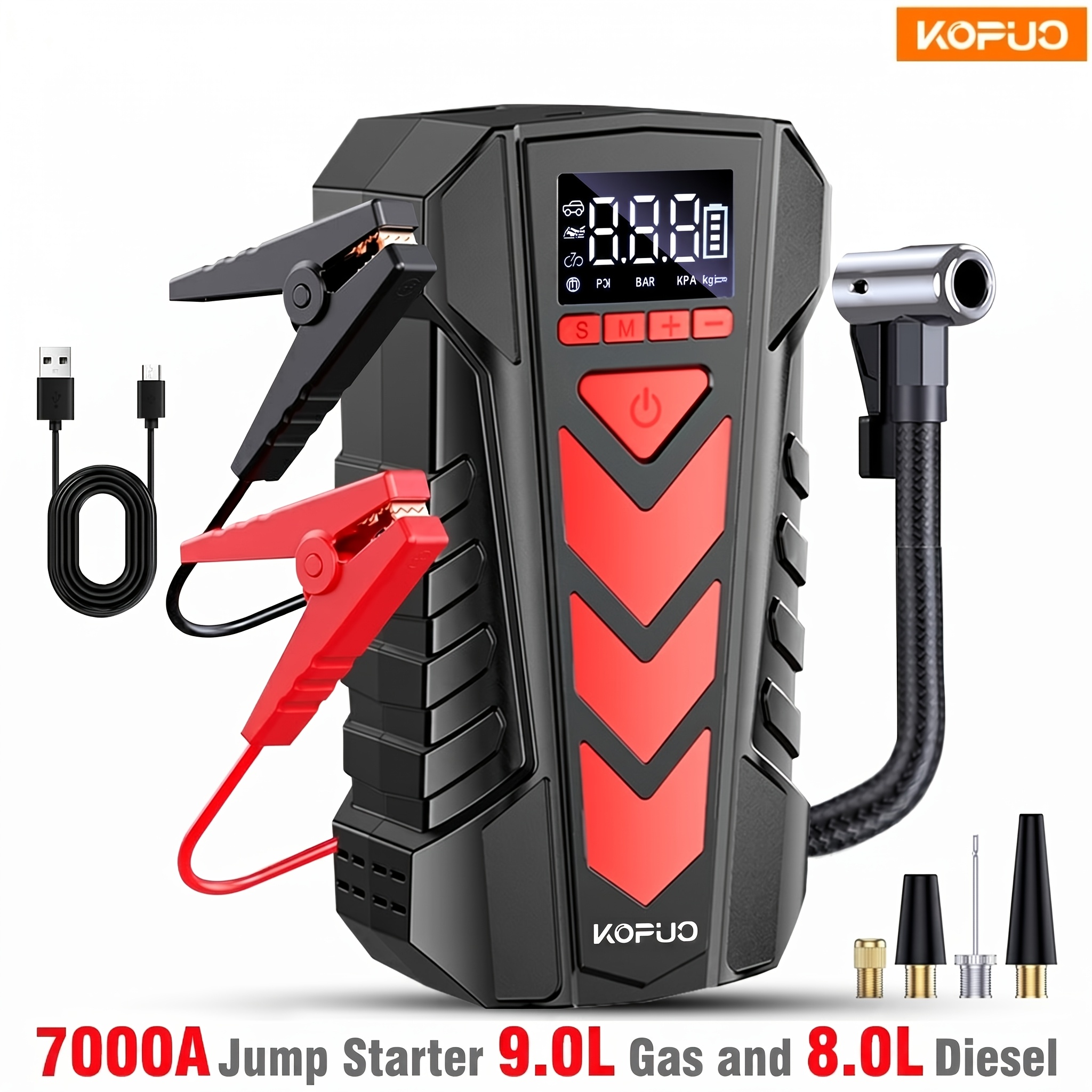 TEMU KOPUO 7000A Peak Arrancador de Coche con Compresor de Aire de 150PSI, 9.0L y 8.0L Diésel, Booster de Batería, Inflador de Neumáticos Portátil