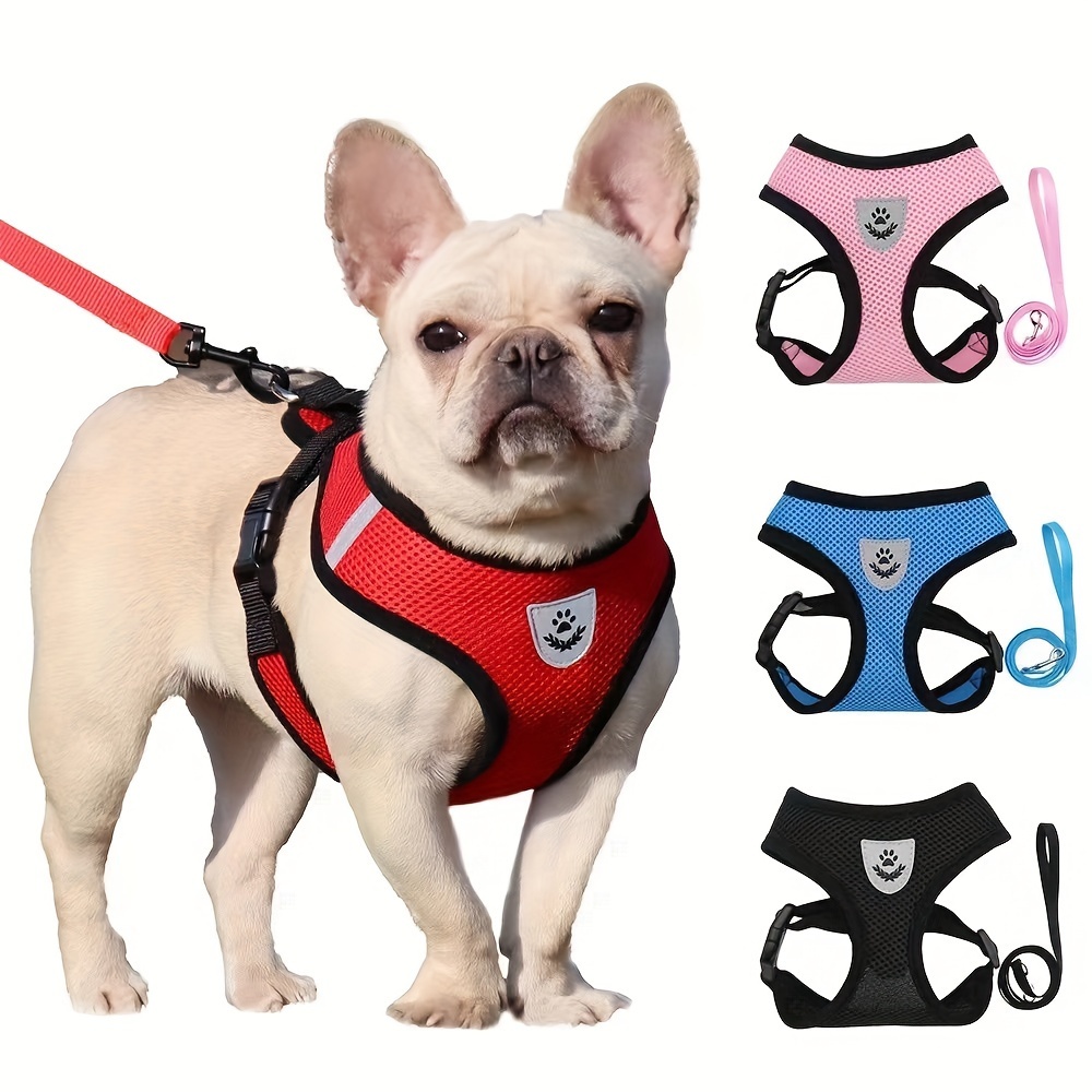 

Breathable Mesh Dog Harness With Reflective Straps, Polyester Fabric, Machine Washable, Adjustable Pet Leash For Small Dogs