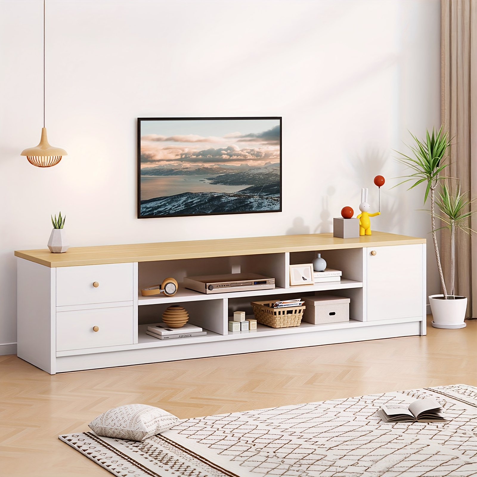 Image of 140cm Tv Stand With 2 Drawers & 1 Door, For 65 Inch Tvs, Wood & White Media Console, Storage Cabinet For Living Room/bedroom