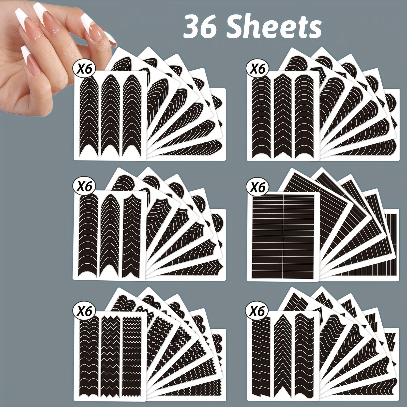 Image of 36 Sheets French Tip Nail Guides, Self-adhesive French Moon Shaped V-shaped Manicure Strip Stickers For Edge Auxiliary Black Diy Decoration Stencil Tools