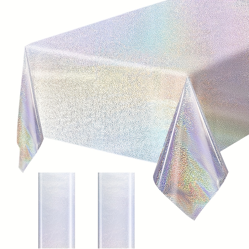 Image of Set Of 2 Silvery Iridescent Plastic Tablecloths, Disposable, Measuring 54 × 95 Inches, Featuring Shiny Holographic Foil, Suitable For Birthday, Wedding, And Disco Party Tables