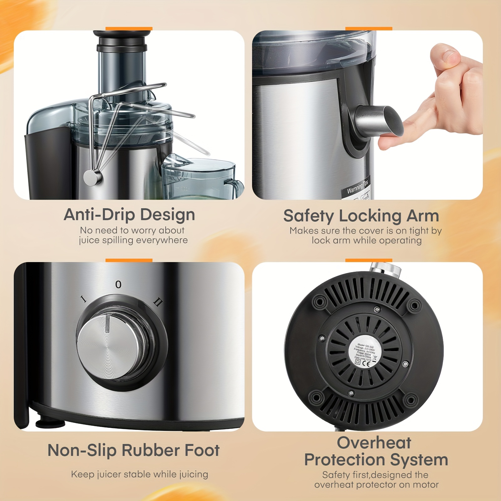 75mm Stainless Steel Juicer with 2-Speed Adjustable Settings, 800W High-Power Whole Fruit And Vegetable Juicer Machine with Anti-Drip Spout, Juice Booklet, And Brush for Easy Cleaning, Kitchen Appliance, Modern Kitchenware, Durable Construction