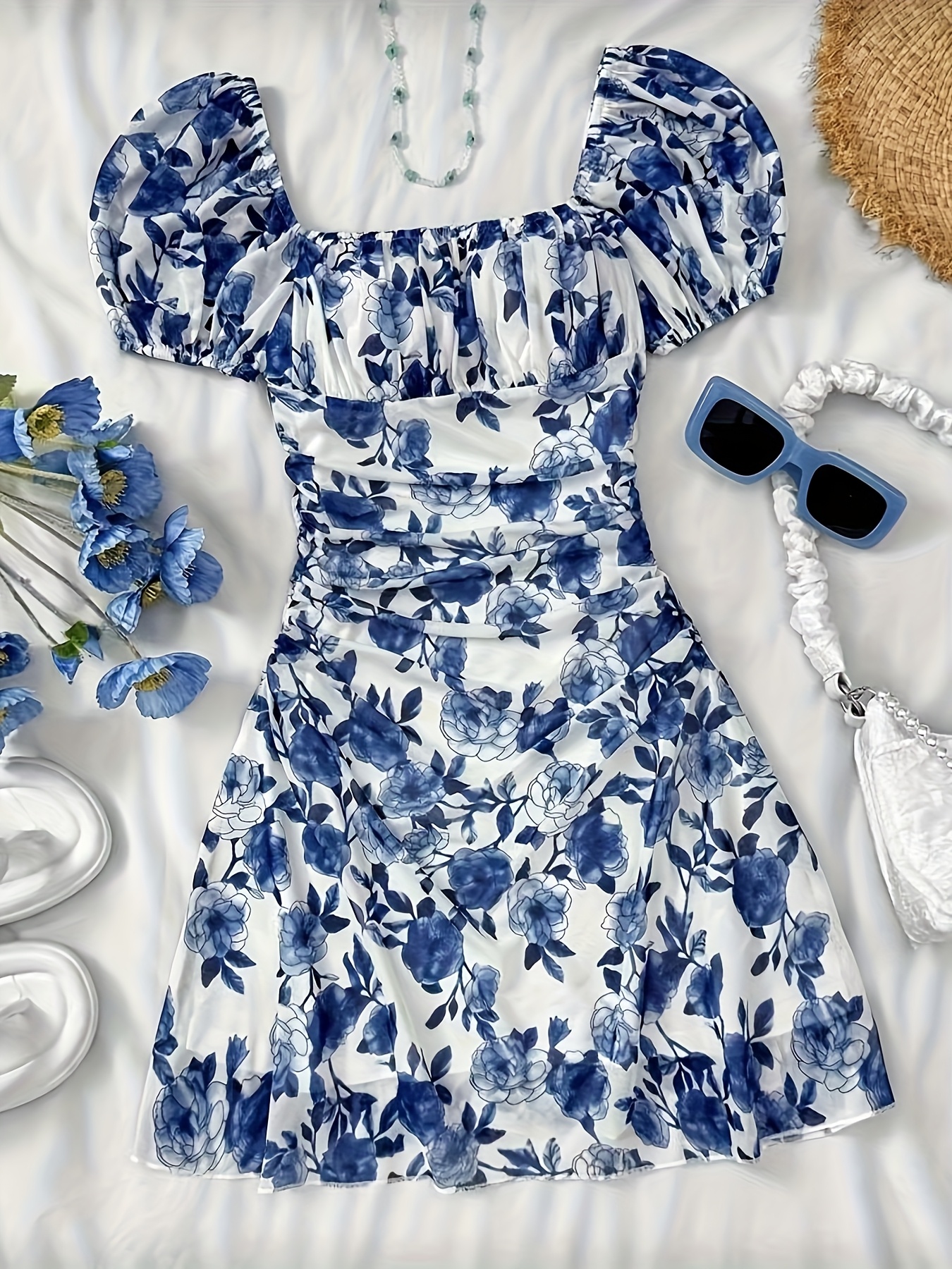 blue and white floral dress vacation   beach ocean elegant dress
