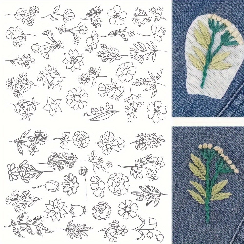 

Water Soluble Embroidery Set With 50 Pre-printed Floral & Leaf Patterns, Self-adhesive Sewing Paper, Easy-to-use For Diy Crafts, Hats, Gloves & Clothing (1 Sheet)