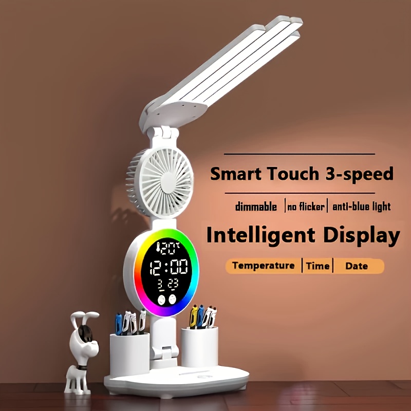 TEMU Smart Touch Led Desk Lamp With Fan, Dimming, Blue Light Protection, Usb Powered, Battery Free, Durable Pvc, Night Light For Eye Protection,