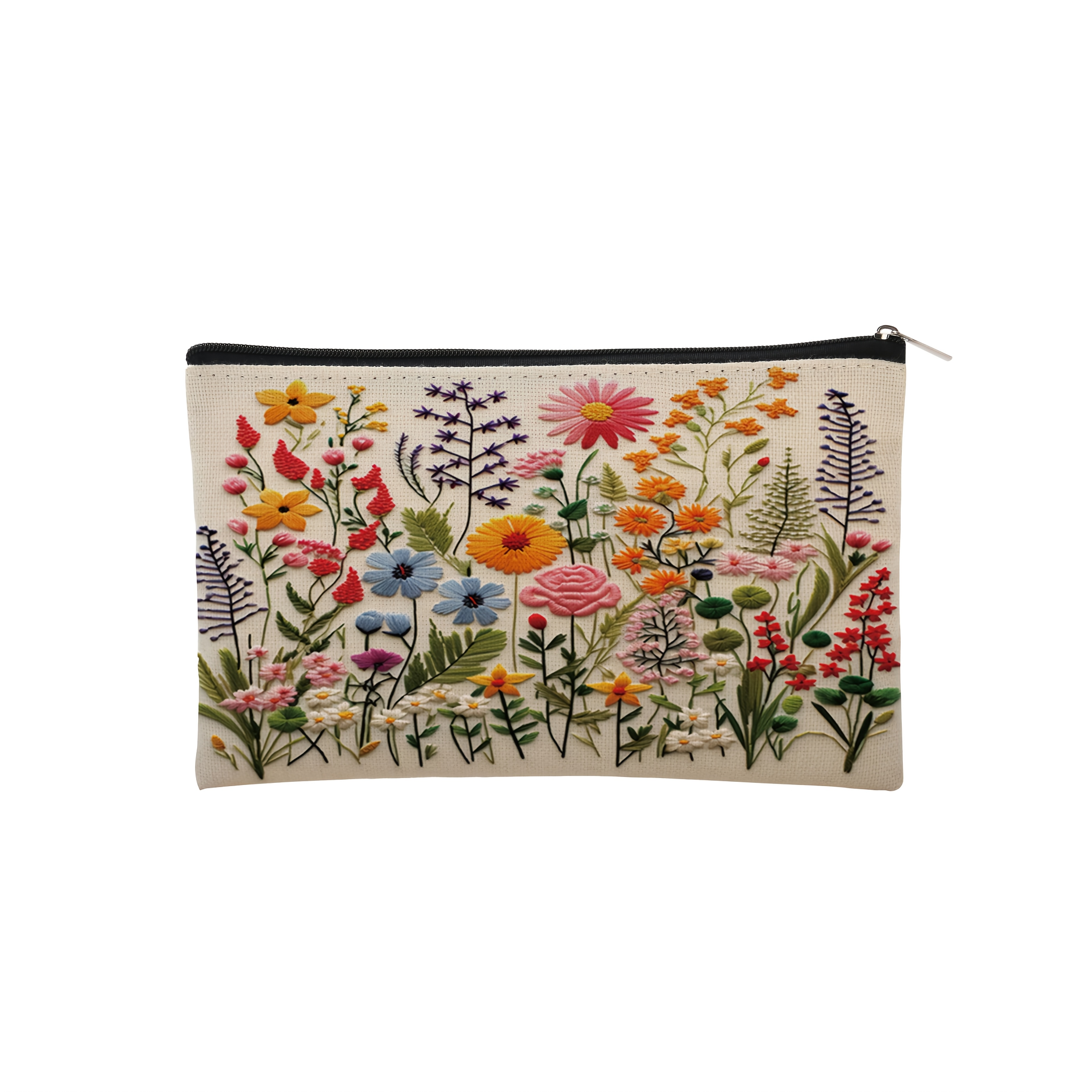 

Floral Embroidered Cosmetic Bag For Women, Polyester Zippered Makeup Pouch, Portable Travel Toiletry Organizer, Multi- Storage With Positioning Printing, For Ideal Christmas Gift