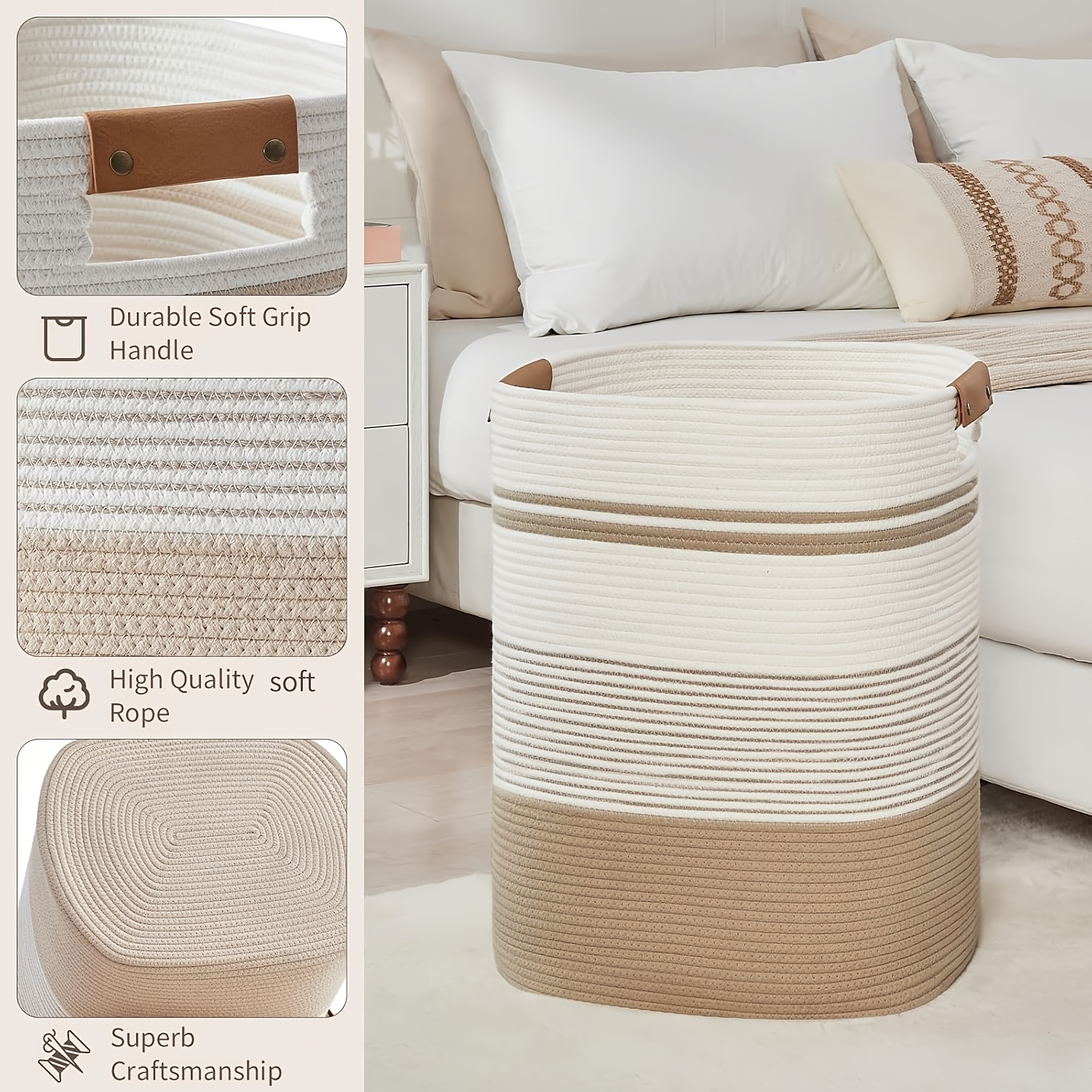 Laundry Basket with Handles - Blanket Basket & Hampers for Bedroom Aesthetic, Laundry Hamper & Blanket Storage for Living Room, Clothes Hamper, Tall, Large Light Brown & White, Shelf Baskets