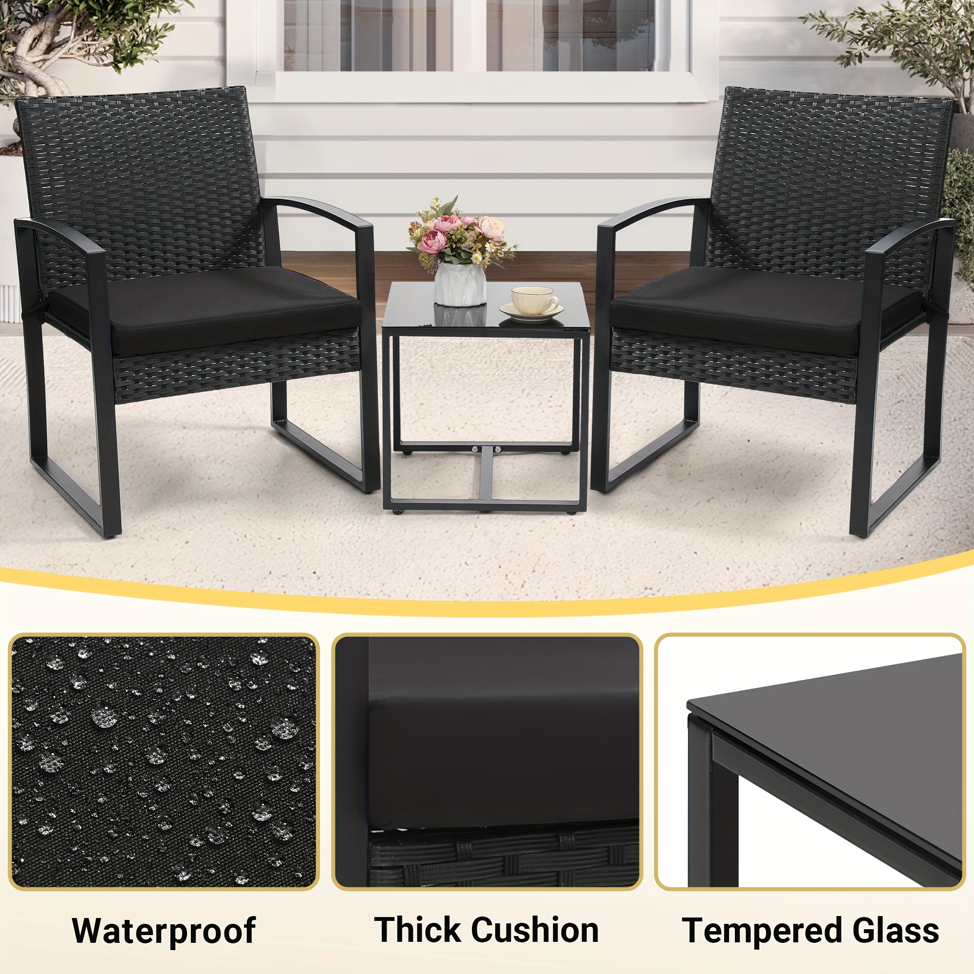3pcs Rattan Bistro Set Outdoor Patio Furniture Conversation Set Featuring 2 Chairs And 1 Safety Glass Top Table, with Plush Cushions, on, Perfect for Your Backyard 11 3pcs Rattan Bistro Set, Outdoor Patio Furniture Conversation Set Featuring 2 Chairs And 1 Safety Glass Top Table, with Plush Cushions, on, Perfect for Your Backyard